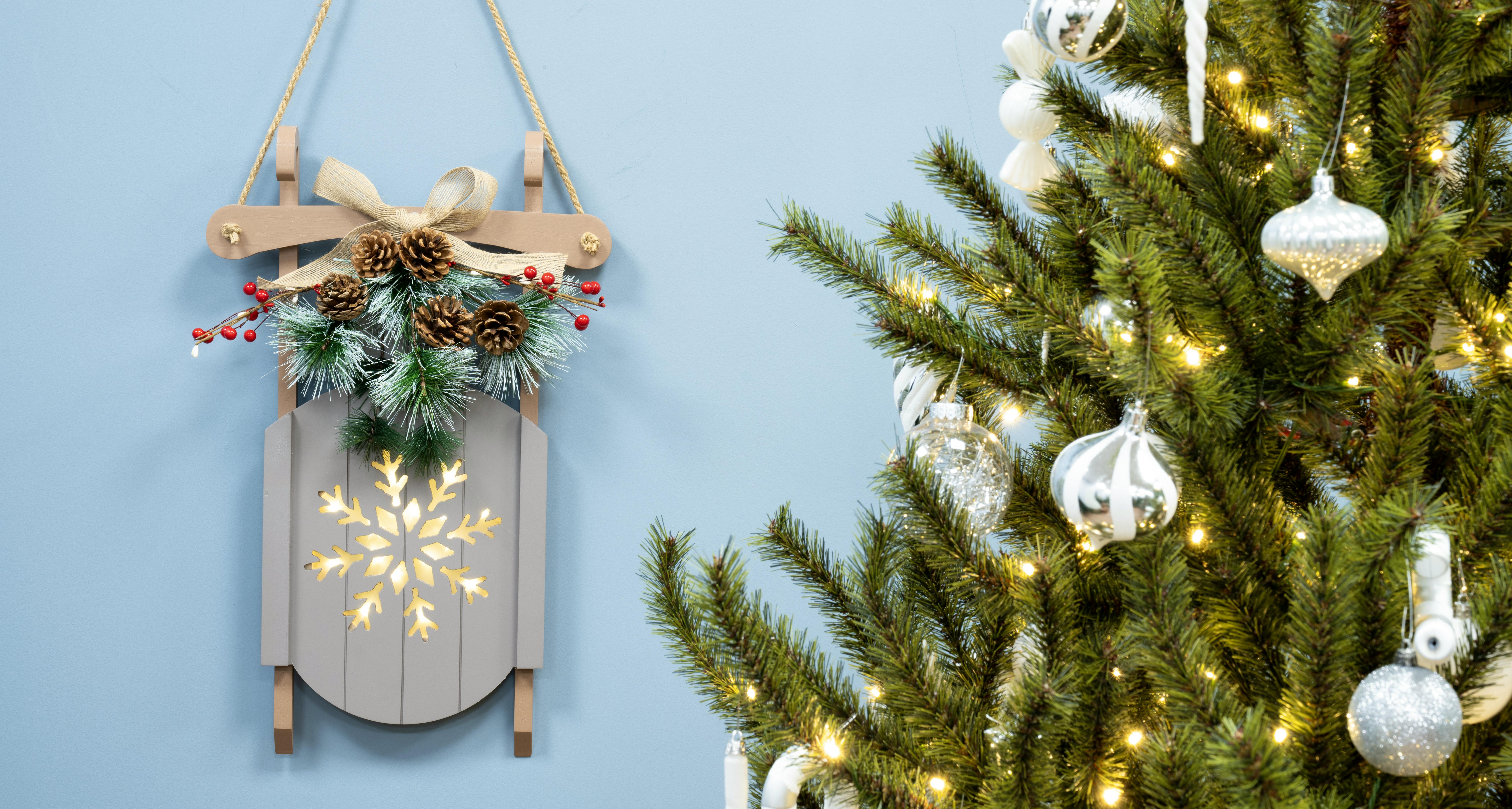 Battery-Operated 55cm Grey Decorative Wooden Sled - Snowflake Design