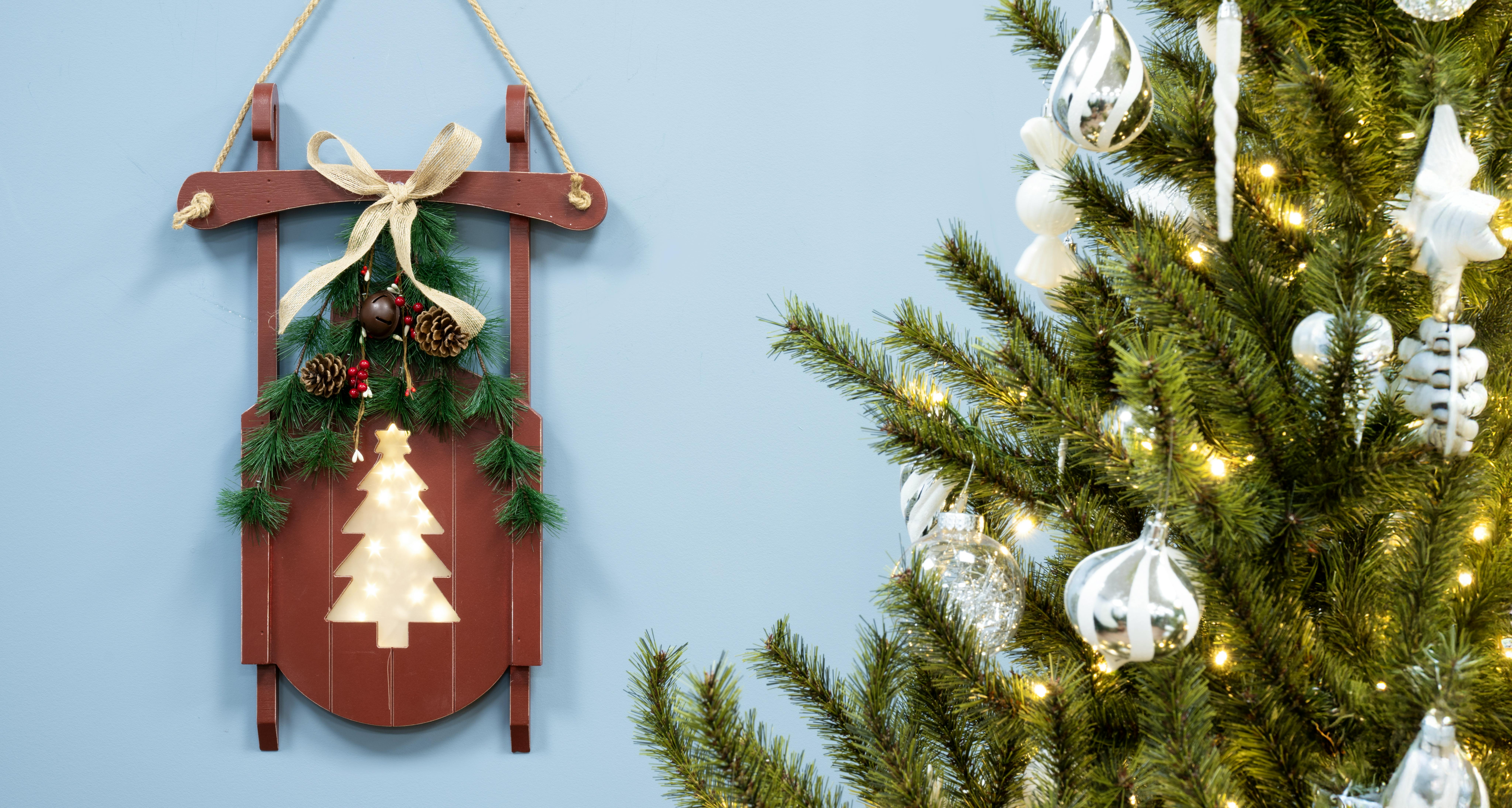 Battery-Operated 55cm Red Decorative Wooden Sled - Tree Design