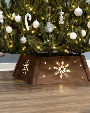 Pre-lit Large Brown Wooden Christmas Tree Skirt - Snowflake & Stars Scene Pre-lit Large Brown Wooden Christmas Tree Skirt - Snowflake & Stars Scene