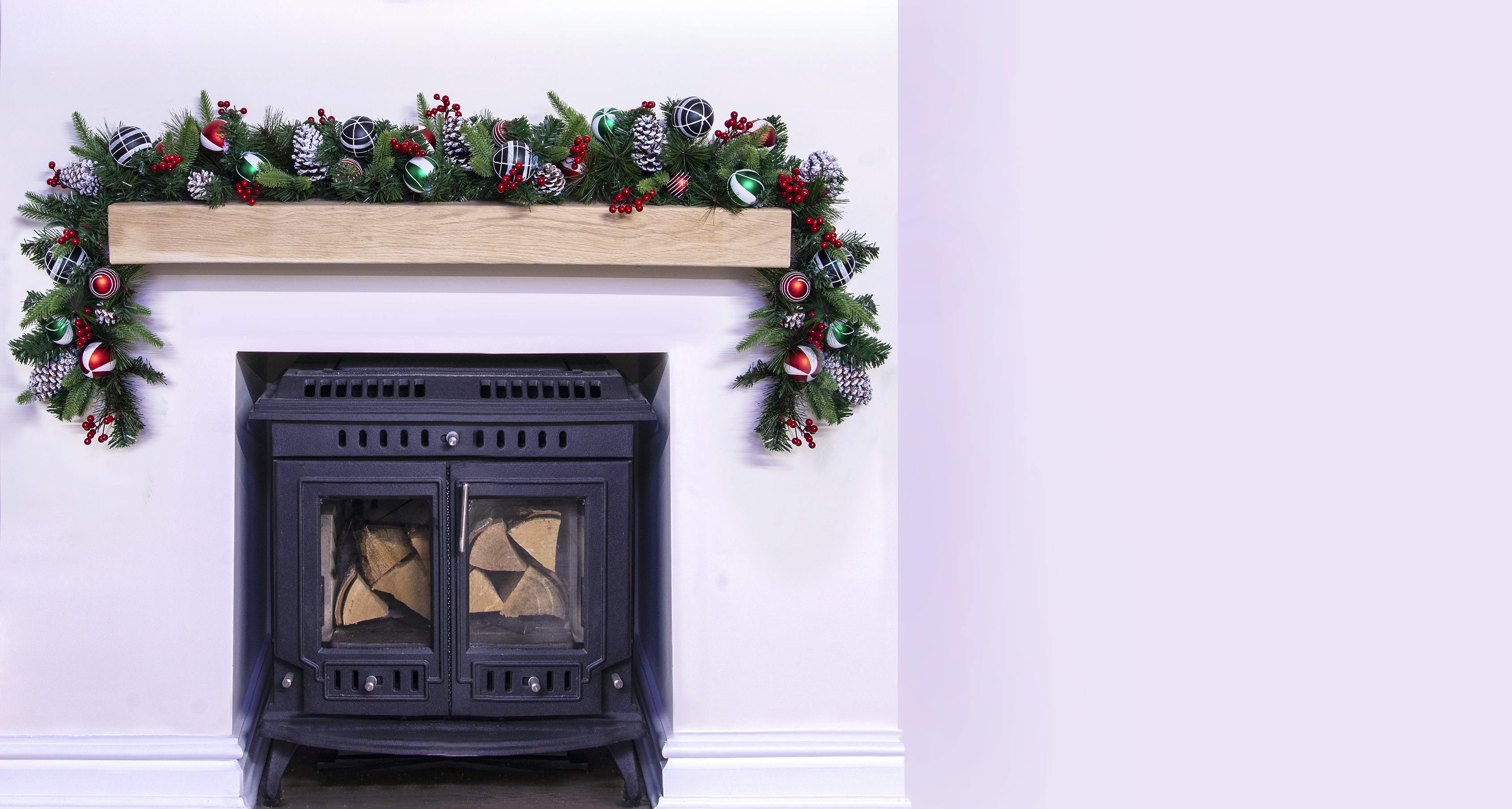 180cm Decorated Mixed Pine Garland with Red Green & Black Baubles