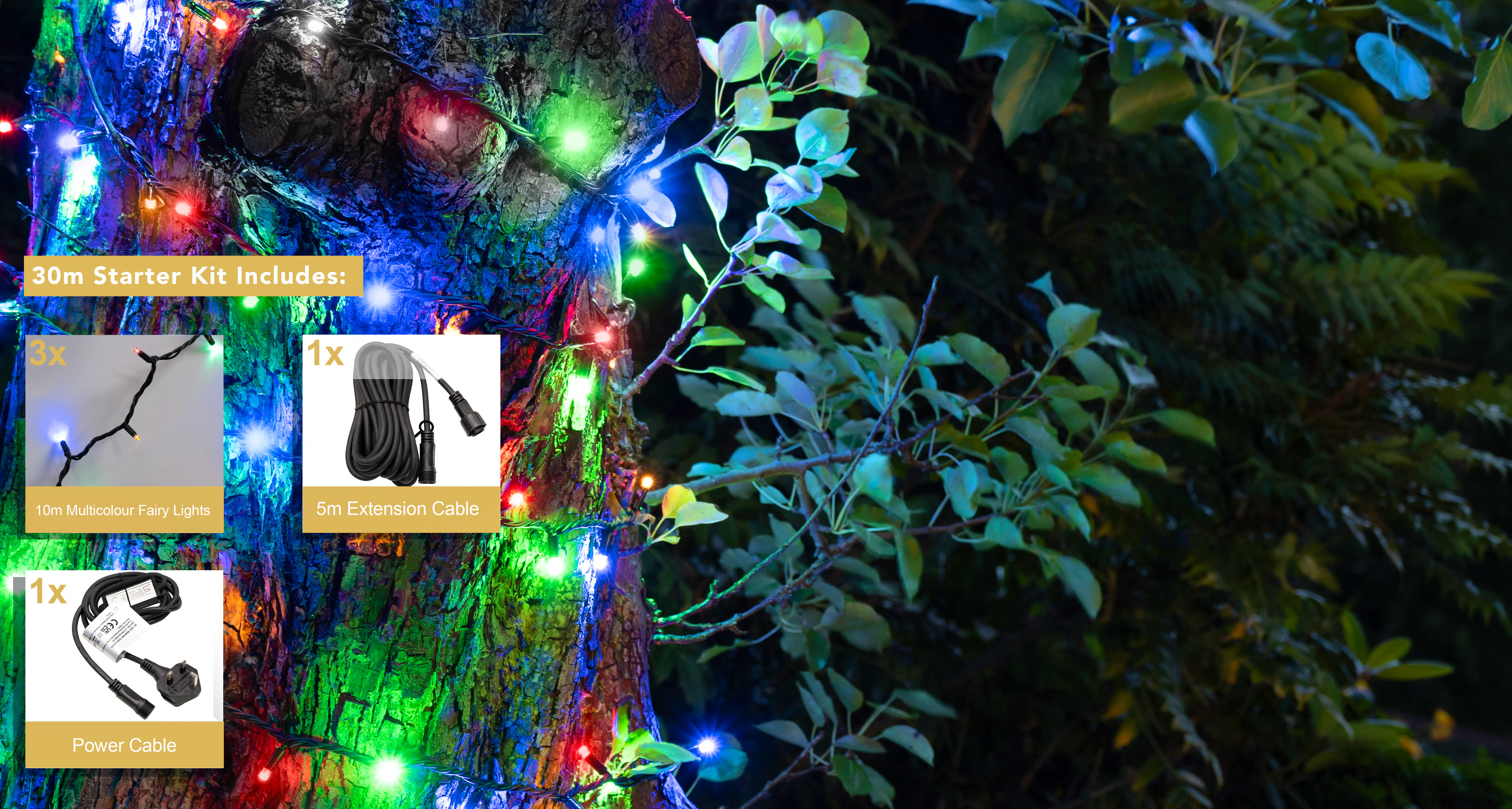 Crownvine 30m Fairy Lights Starter Set - 300 LEDs Multicolour - Black Rubber Cable