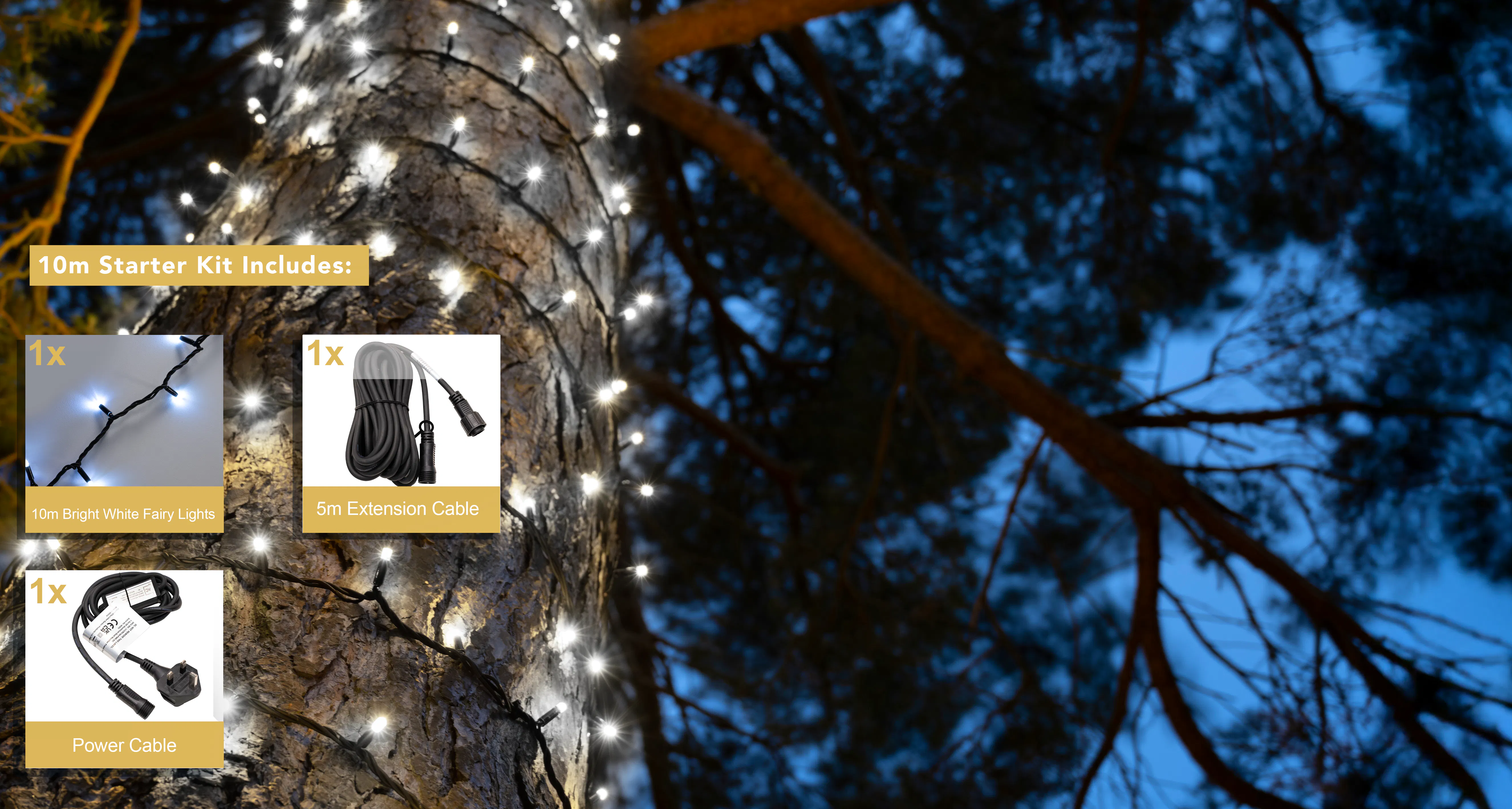 Crownvine 10m Fairy Lights Starter Set - 100 LEDs Bright White  - Black Rubber Cable