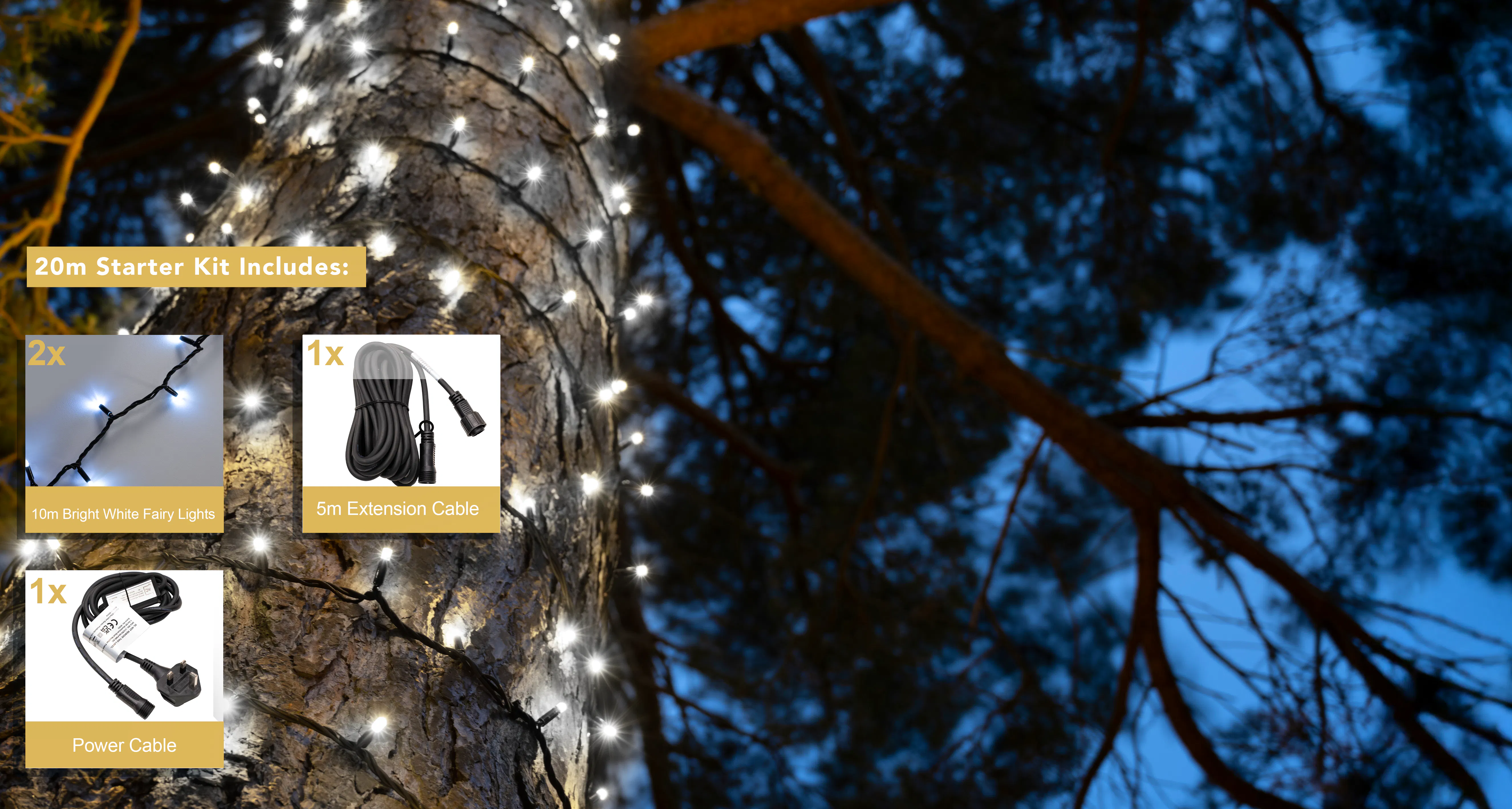 Crownvine 20m Fairy Lights Starter Set - 200 LEDs Bright White  - Black Rubber Cable