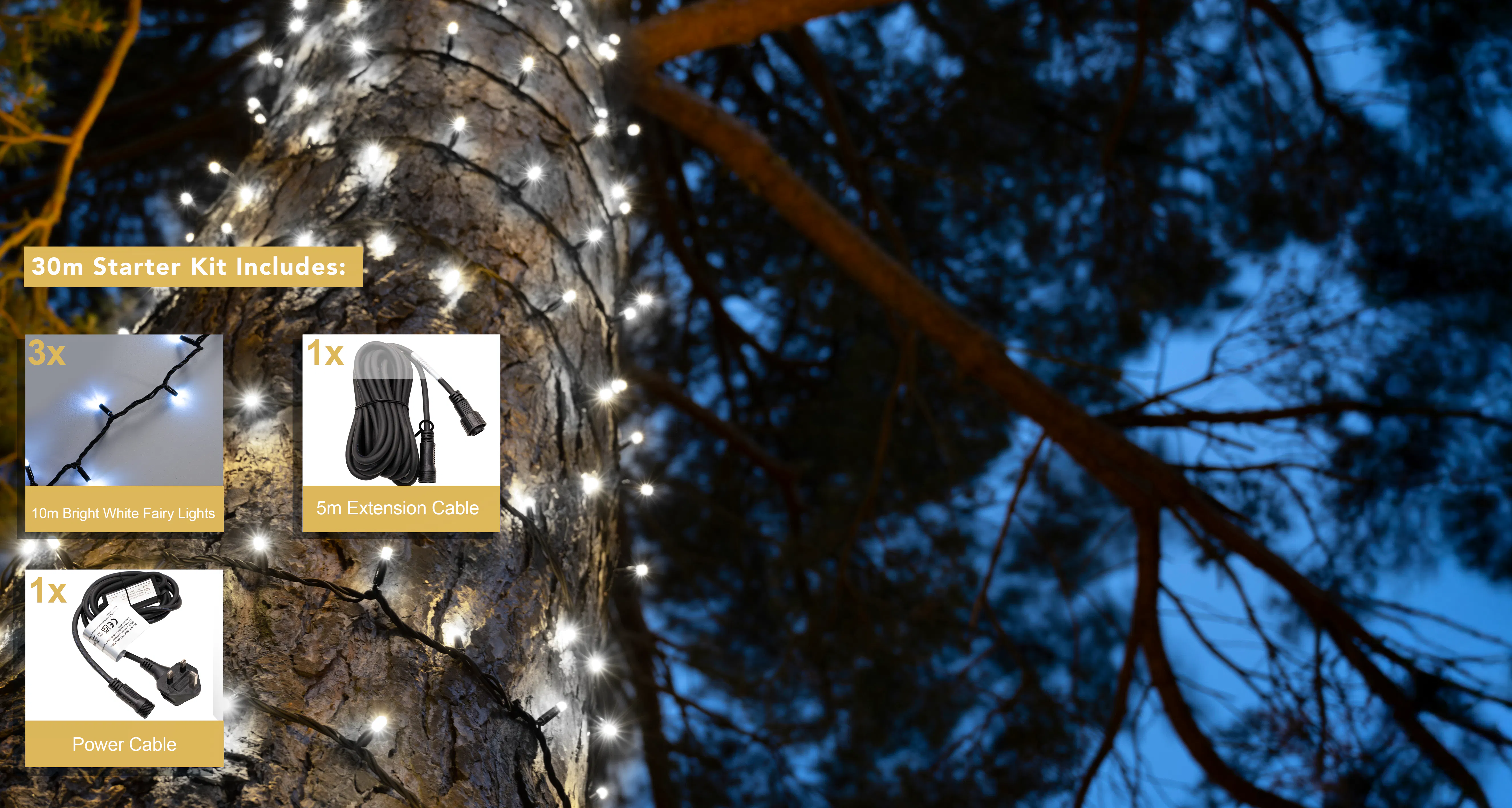 Crownvine 30m Fairy Lights Starter Set - 300 LEDs Bright White  - Black Rubber Cable