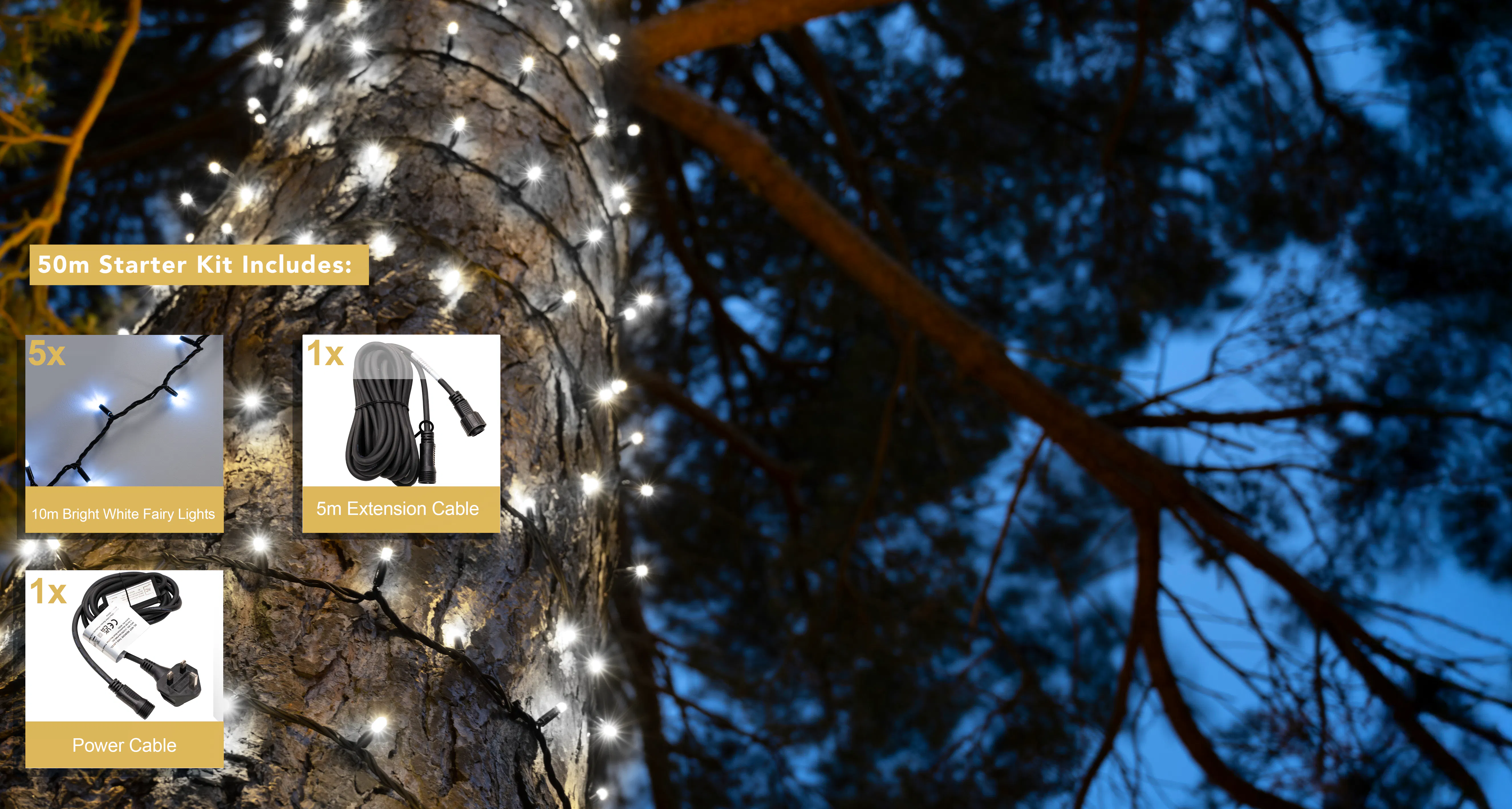 Crownvine 50m Fairy Lights Starter Set - 500 LEDs Bright White  - Black Rubber Cable