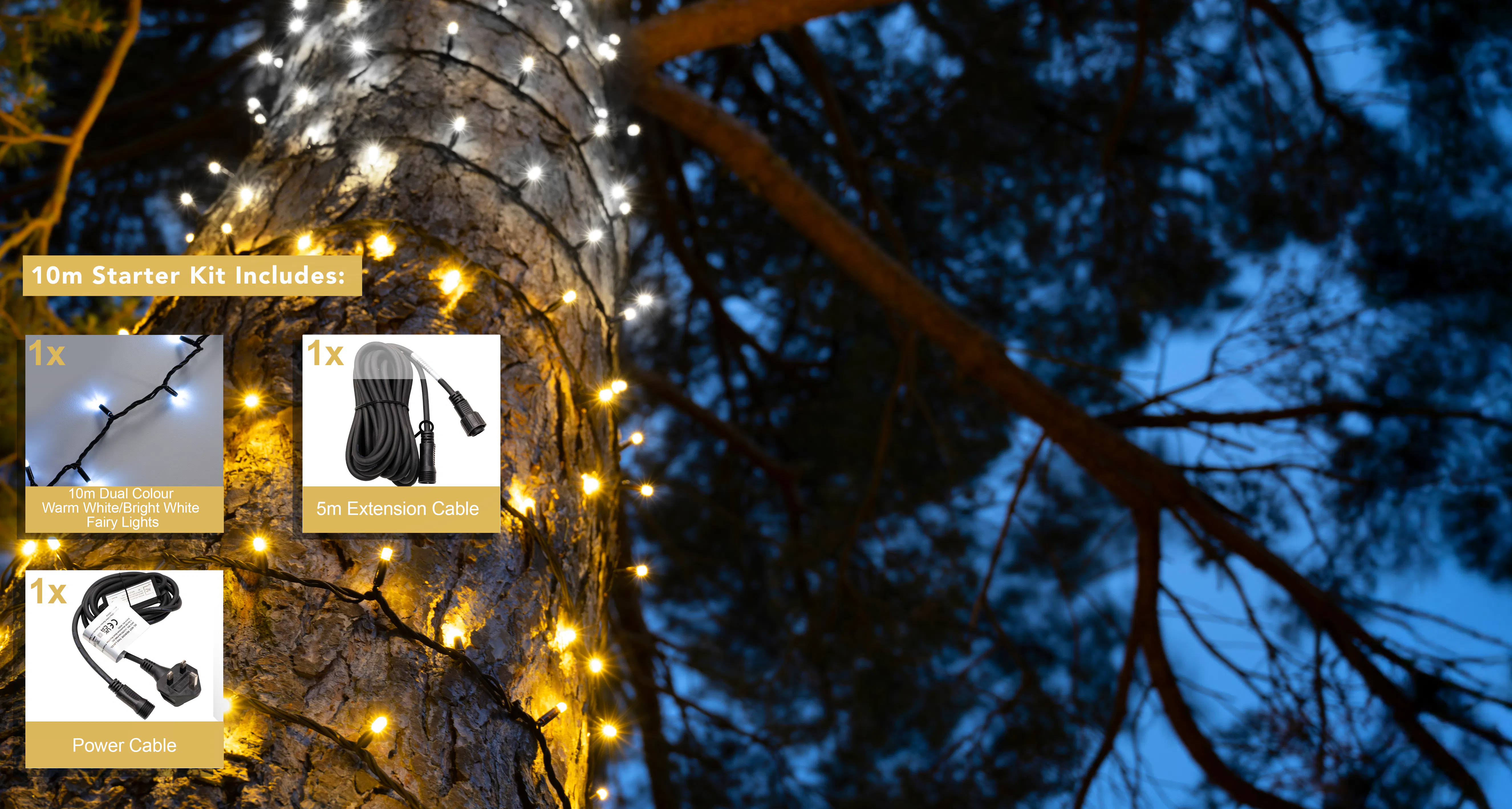 Crownvine 10m Dual Colour Fairy Lights Starter Set - 100 LEDs Warm White / Bright White - Black Rubber Cable