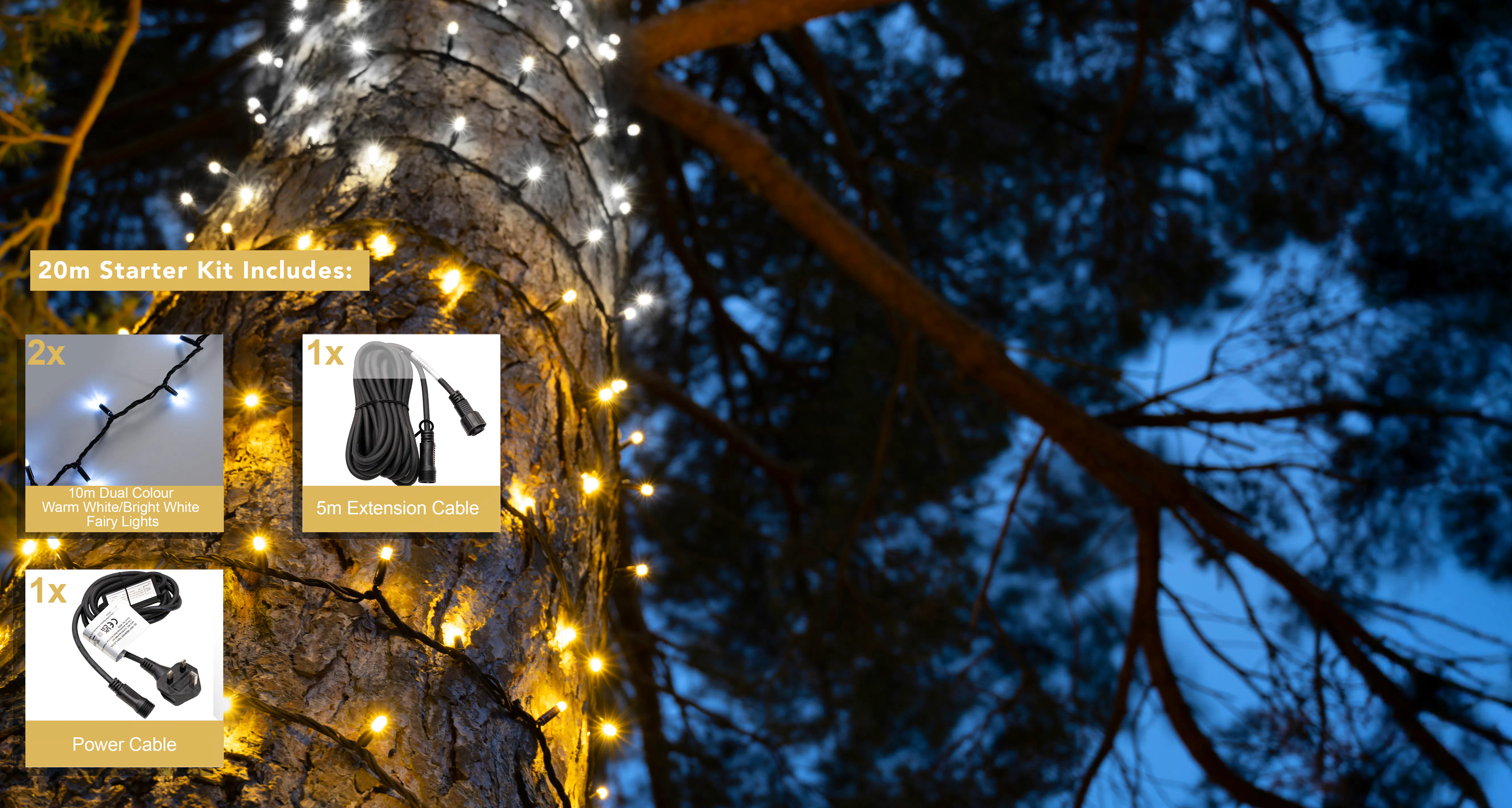 Crownvine 20m Dual Colour Fairy Lights Starter Set - 200 LEDs Warm White / Bright White - Black Rubber Cable