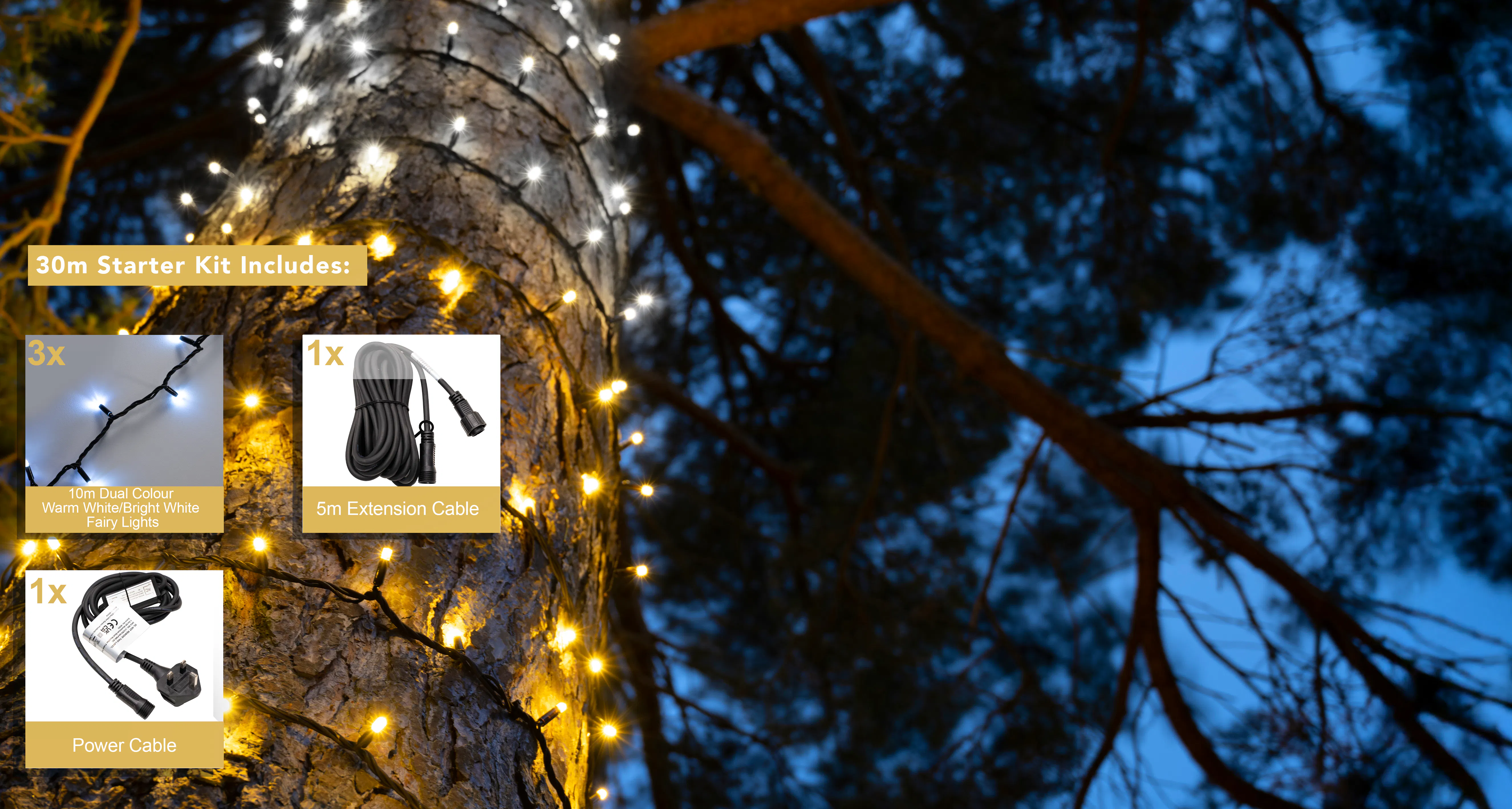 Crownvine 30m Dual Colour Fairy Lights Starter Set - 300 LEDs Warm White / Bright White - Black Rubber Cable