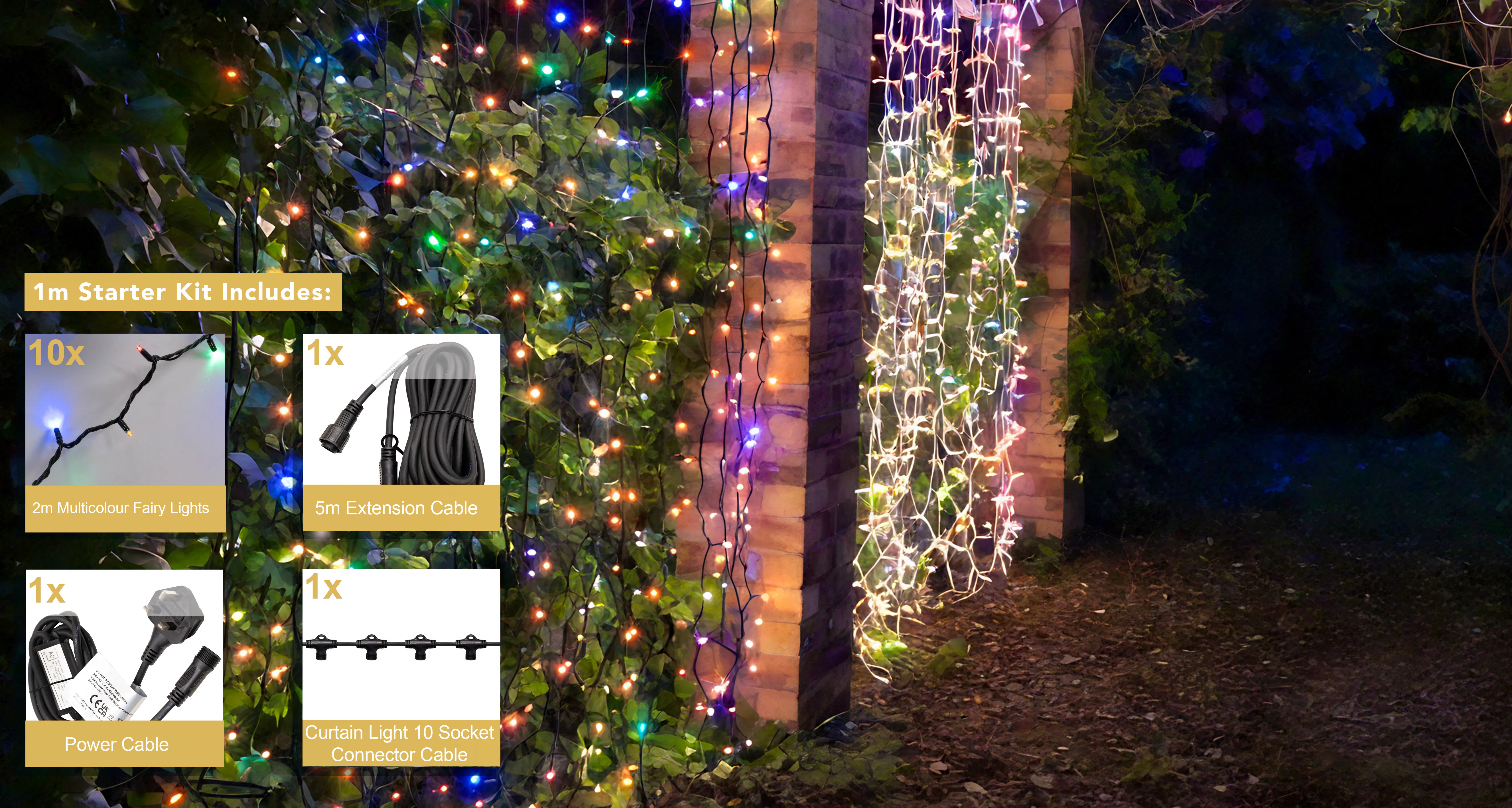Crownvine 1m x 2m Curtain Lights Starter Set - 200 LEDs Multicolour - Black Rubber Cable