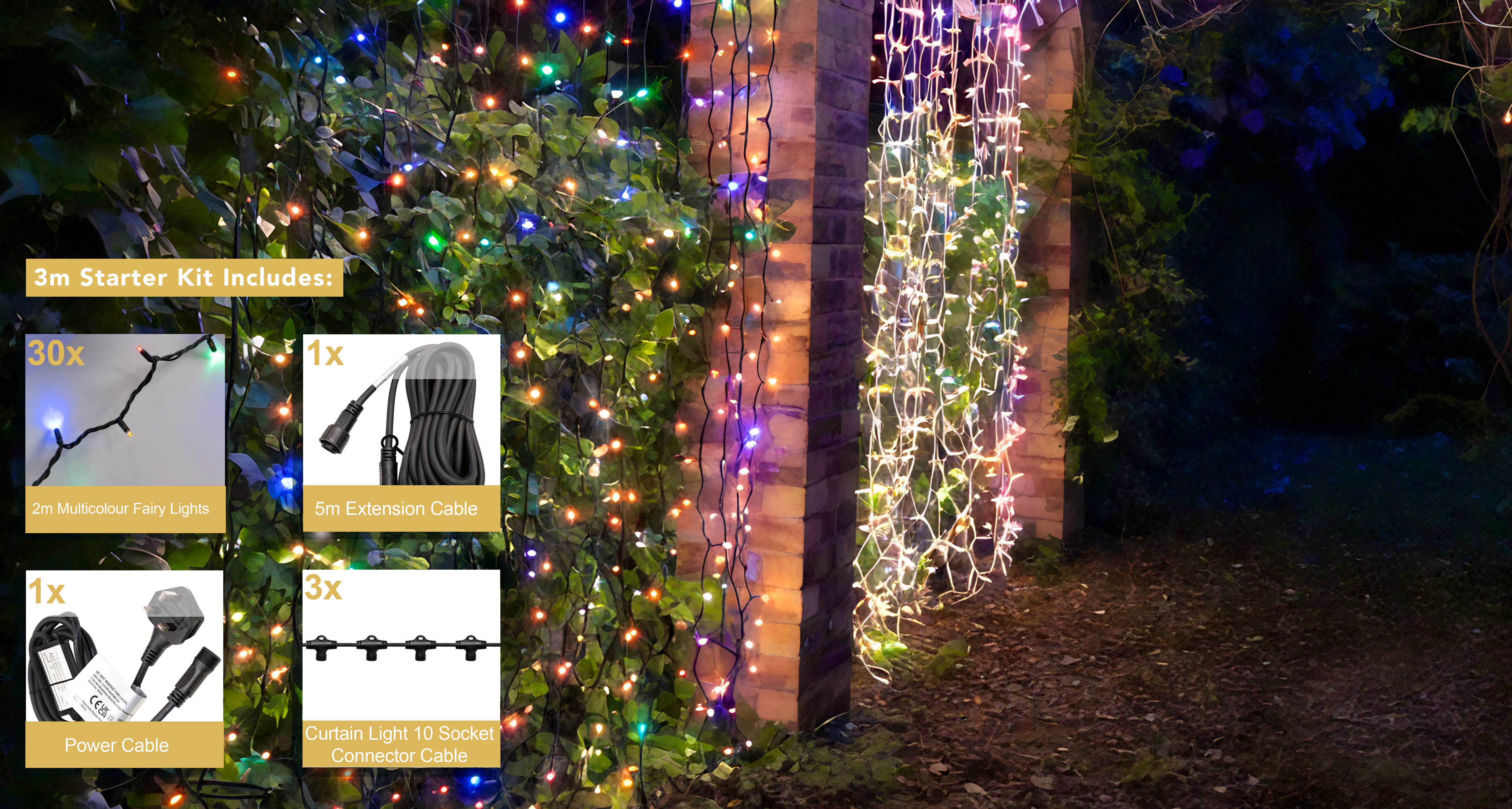 Crownvine 3m x 2m Curtain Lights Starter Set - 600 LEDs Multicolour - Black Rubber Cable