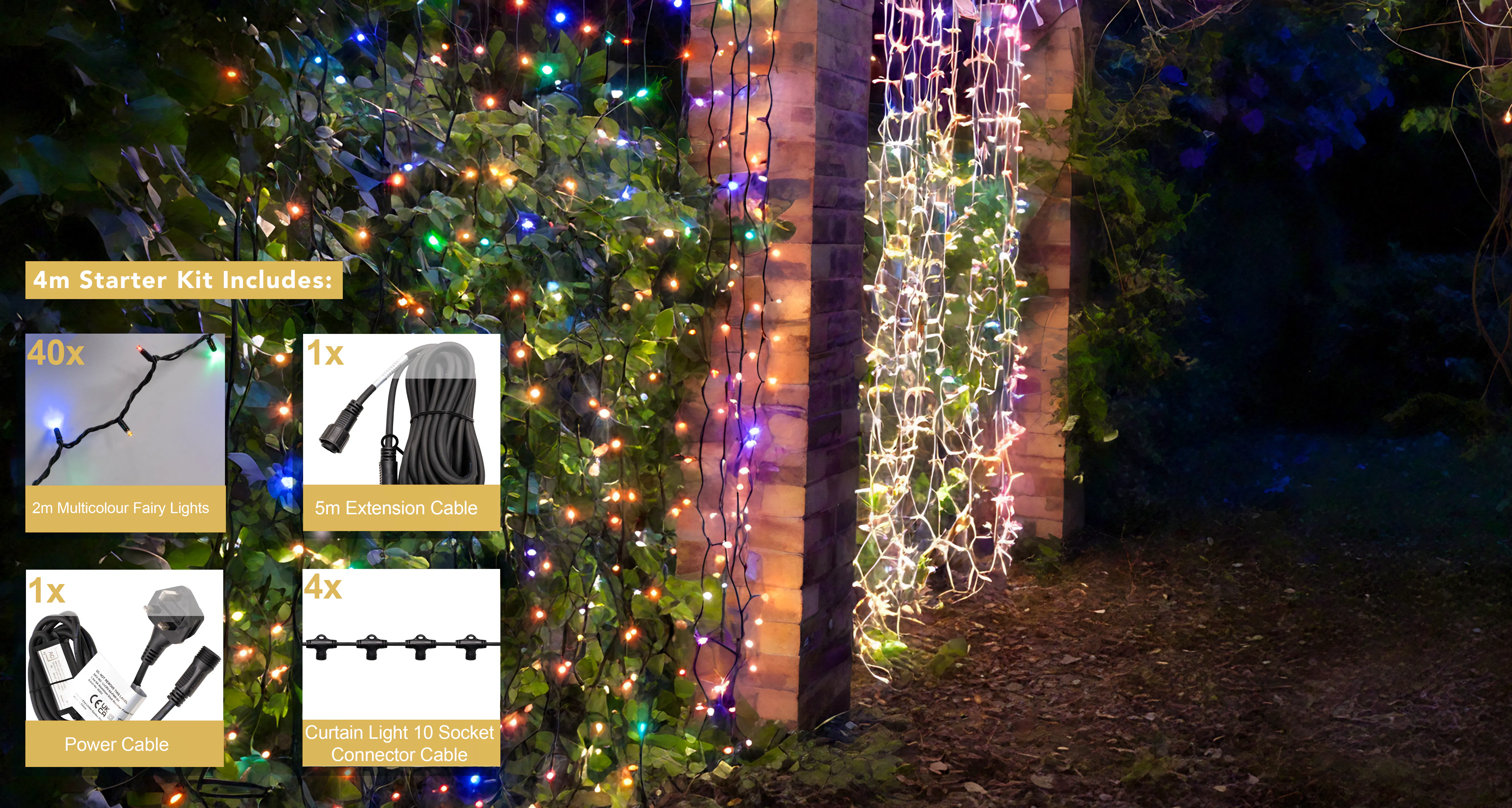 Crownvine 4m x 2m Curtain Lights Starter Set - 800 LEDs Multicolour - Black Rubber Cable