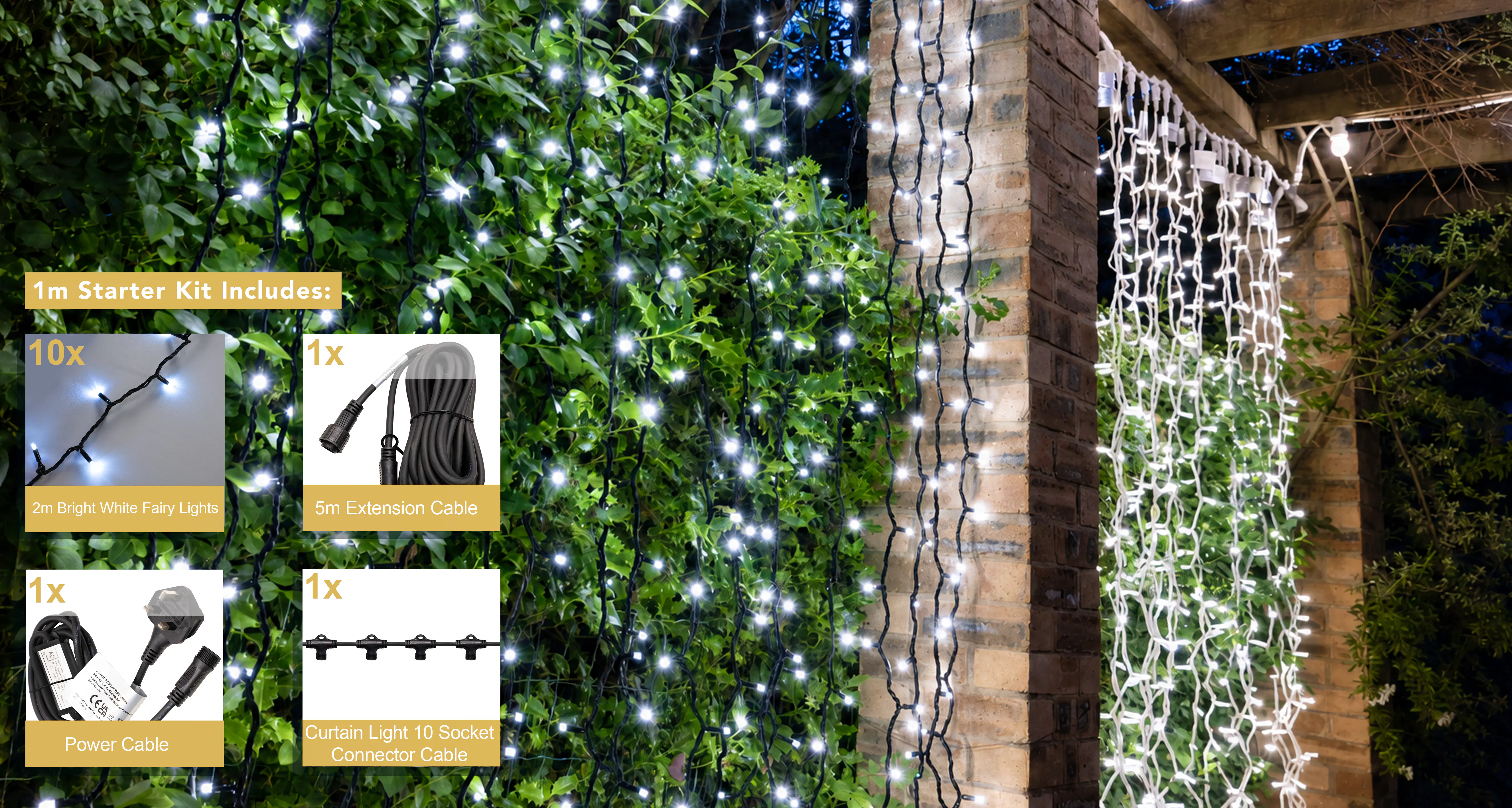 Crownvine 1m x 2m Curtain Lights Starter Set - 200 LEDs Bright White - Black Rubber Cable