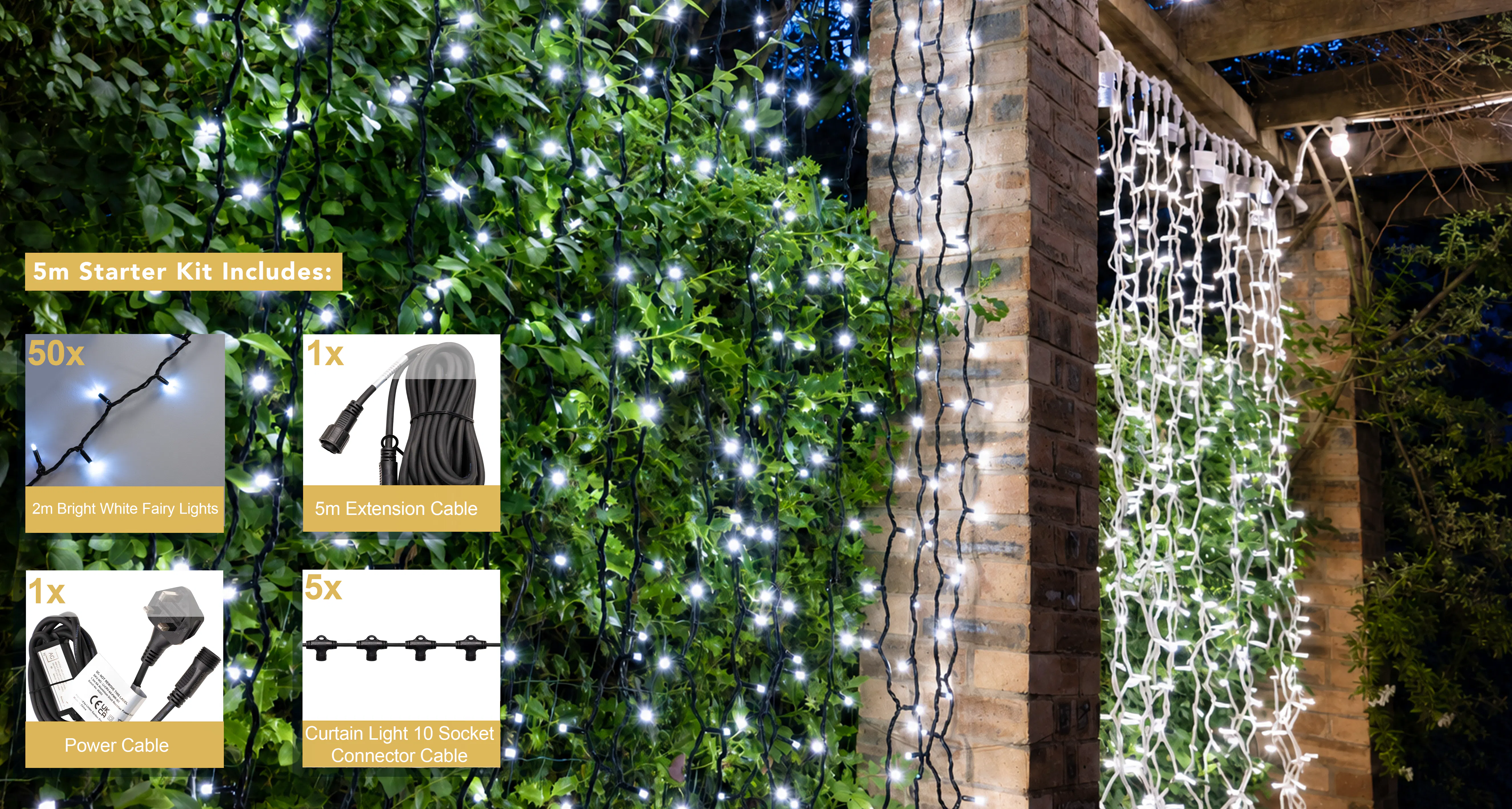 Crownvine 5m x 2m Curtain Lights Starter Set - 1000 LEDs Bright White - Black Rubber Cable