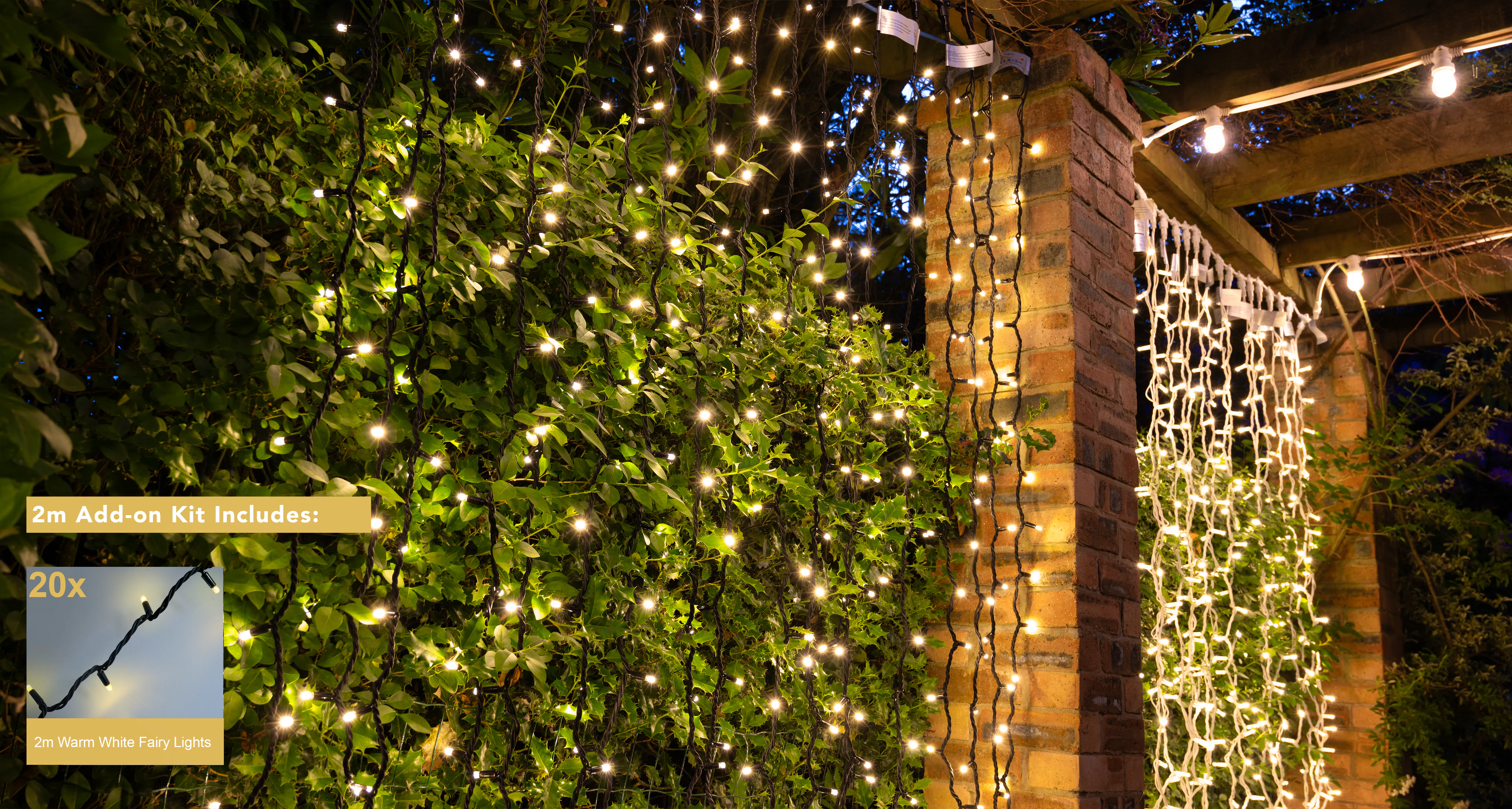 Crownvine 2 Pack 20 LED Warm White Curtain Lights 2m - Black Rubber Cable (For Crownvine 230V Connectable Lights)