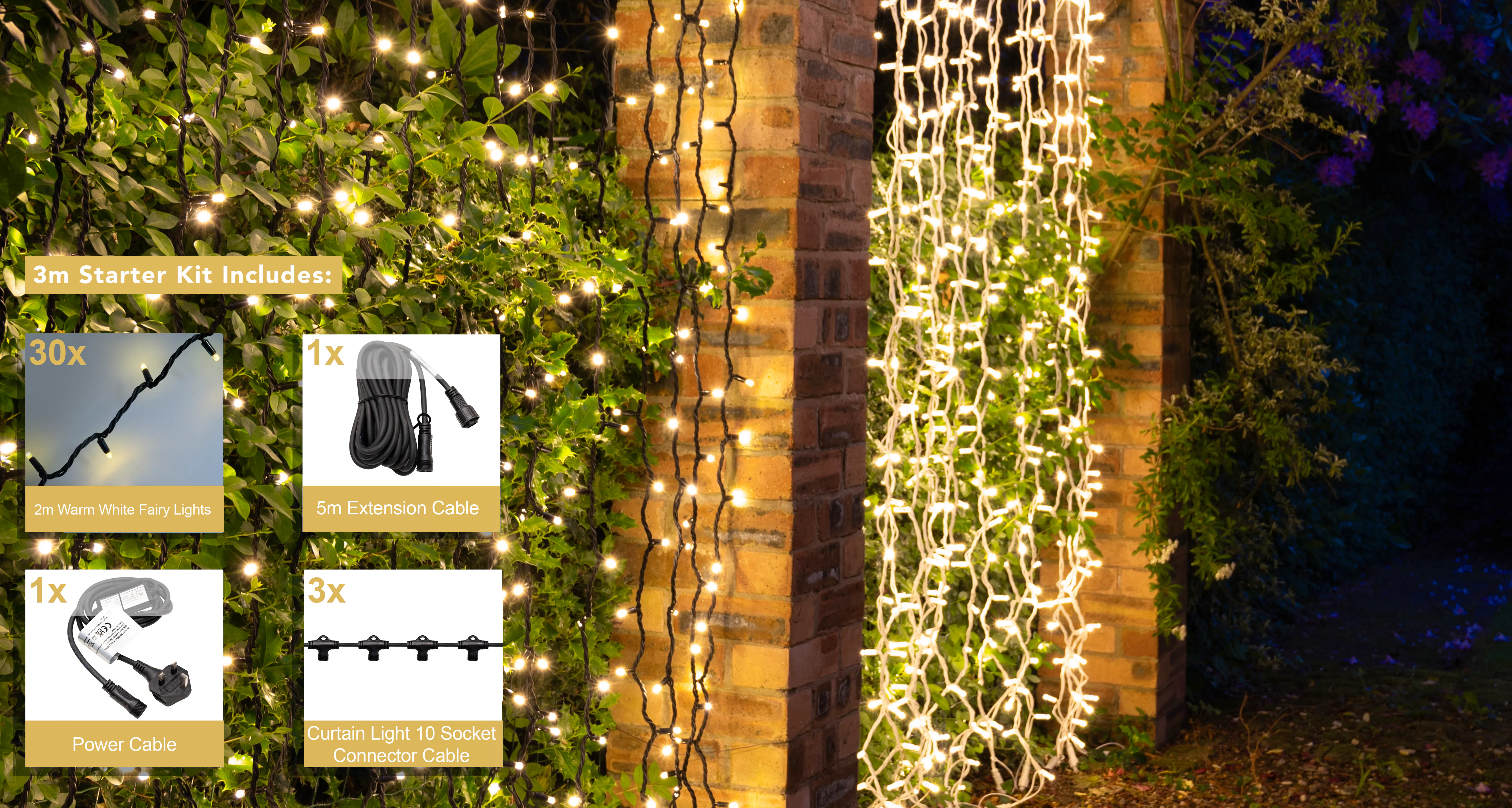 Crownvine 3m x 2m Curtain Lights Starter Set - 600 LEDs Warm White - Black Rubber Cable