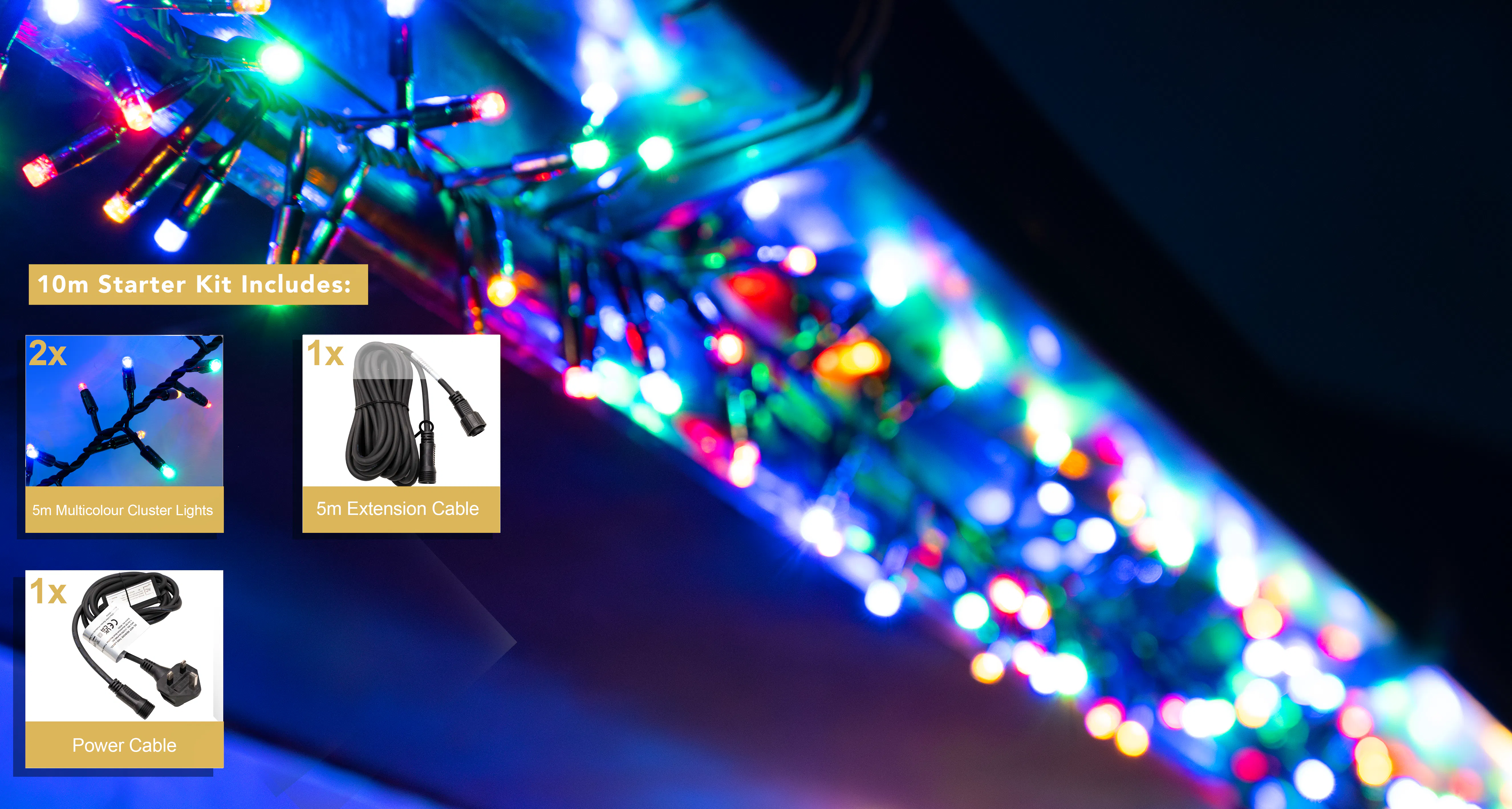 Crownvine 10m Cluster Lights Starter Set - 500 LEDs Multicolour - Black Rubber Cable