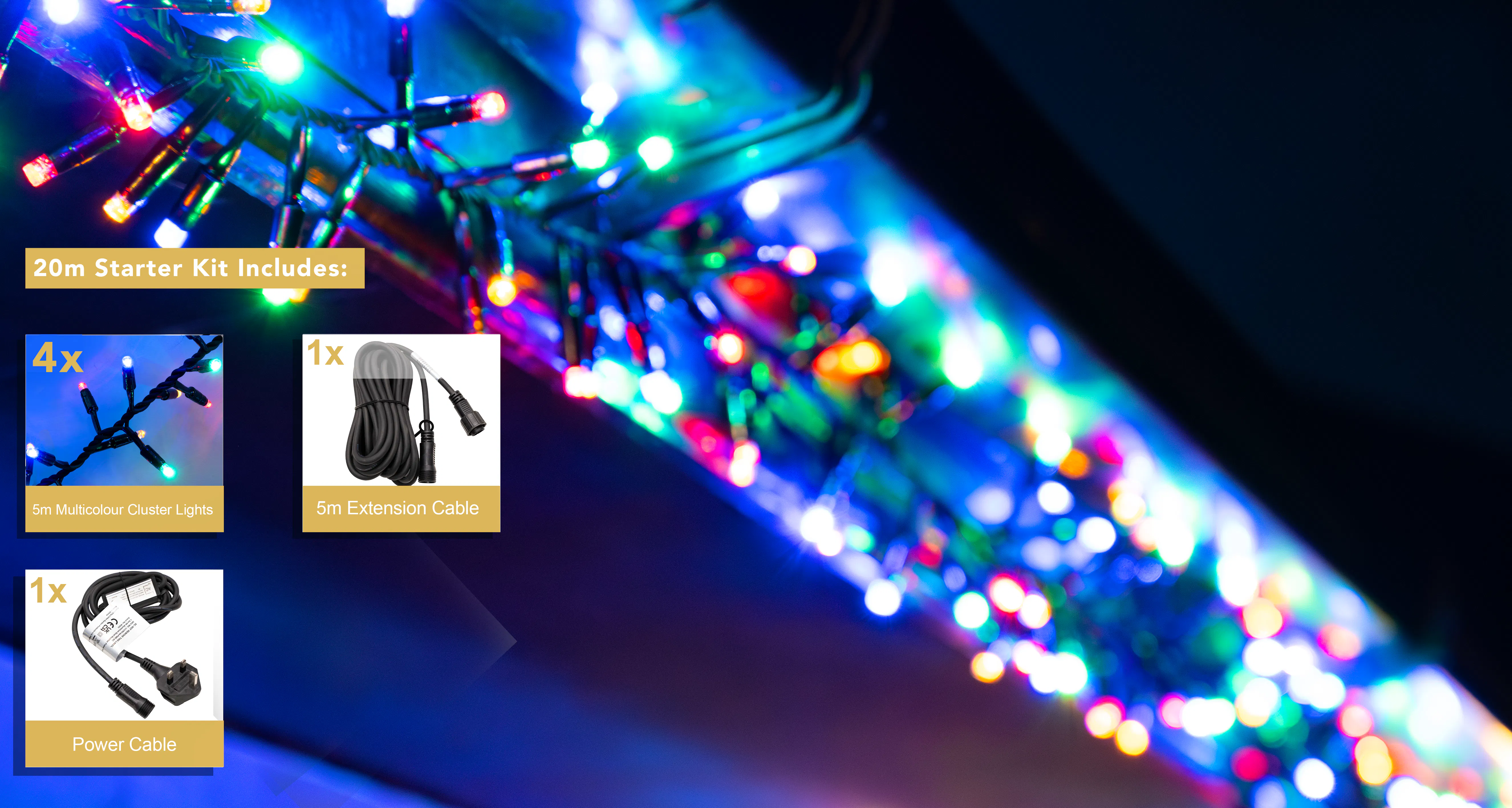 Crownvine 20m Cluster Lights Starter Set - 1000 LEDs Multicolour - Black Rubber Cable