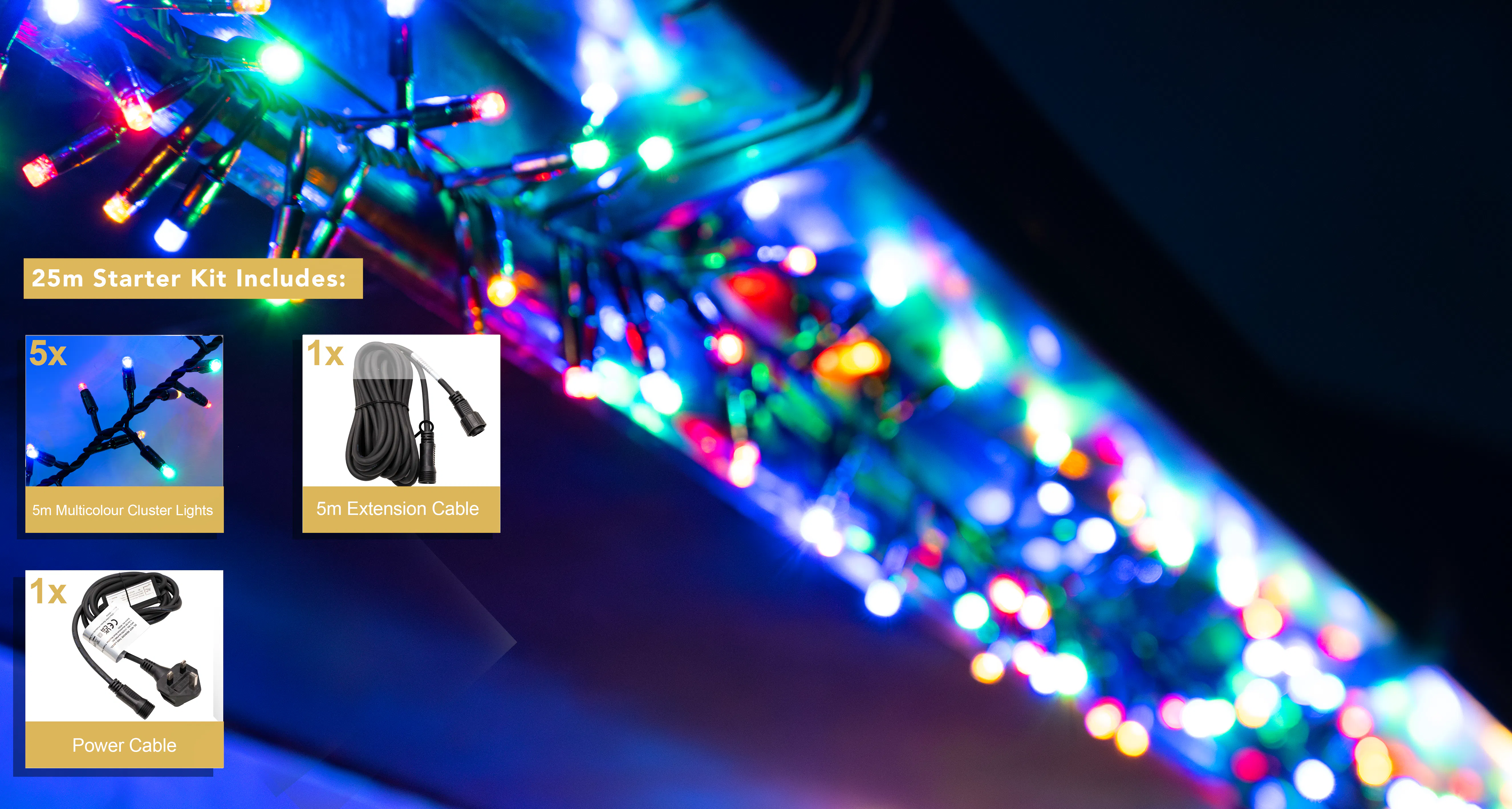 Crownvine 25m Cluster Lights Starter Set - 1250 LEDs Multicolour - Black Rubber Cable