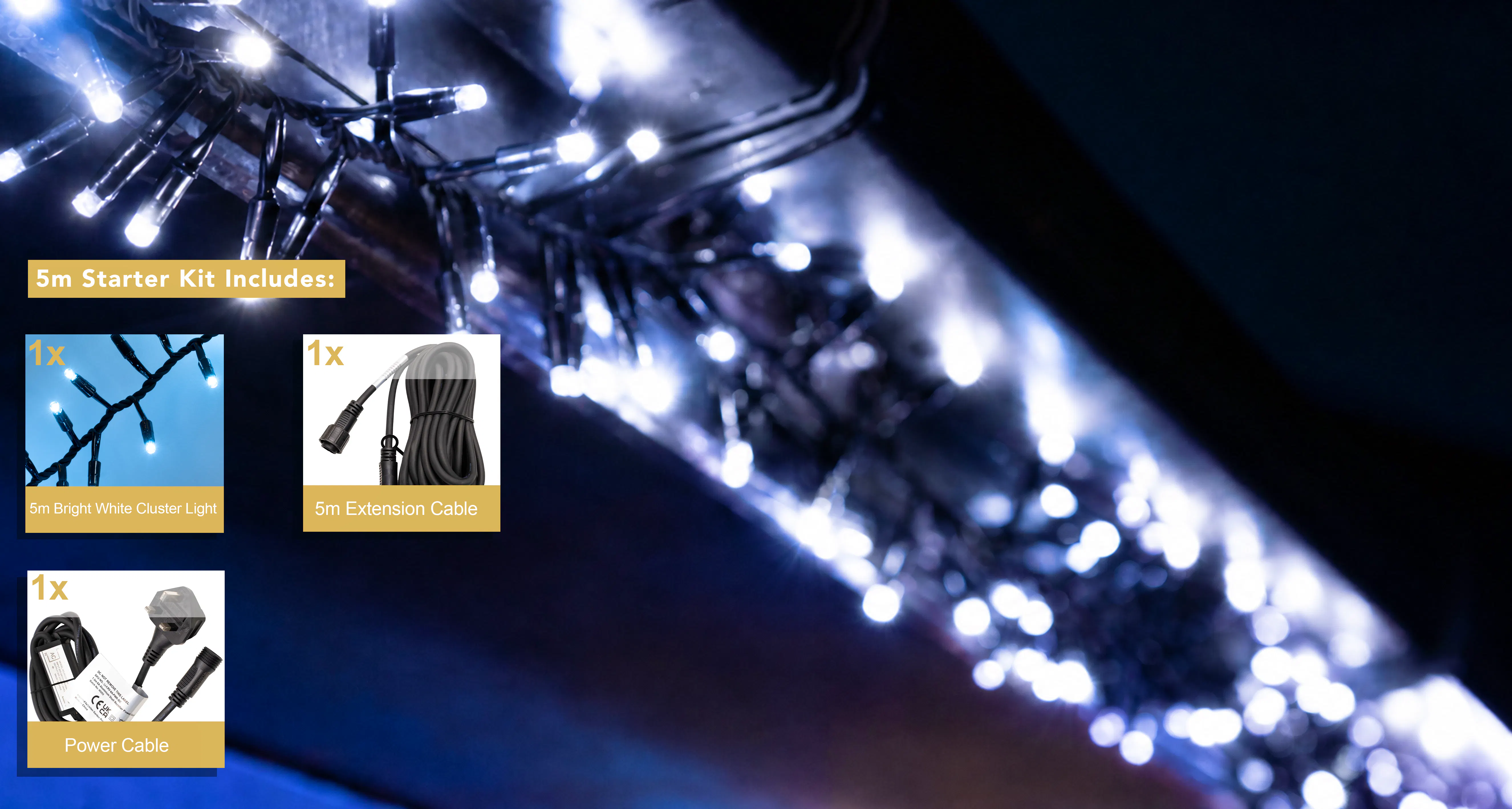 Crownvine 5m Cluster Lights Starter Set - 250 LEDs Bright White - Black Rubber Cable