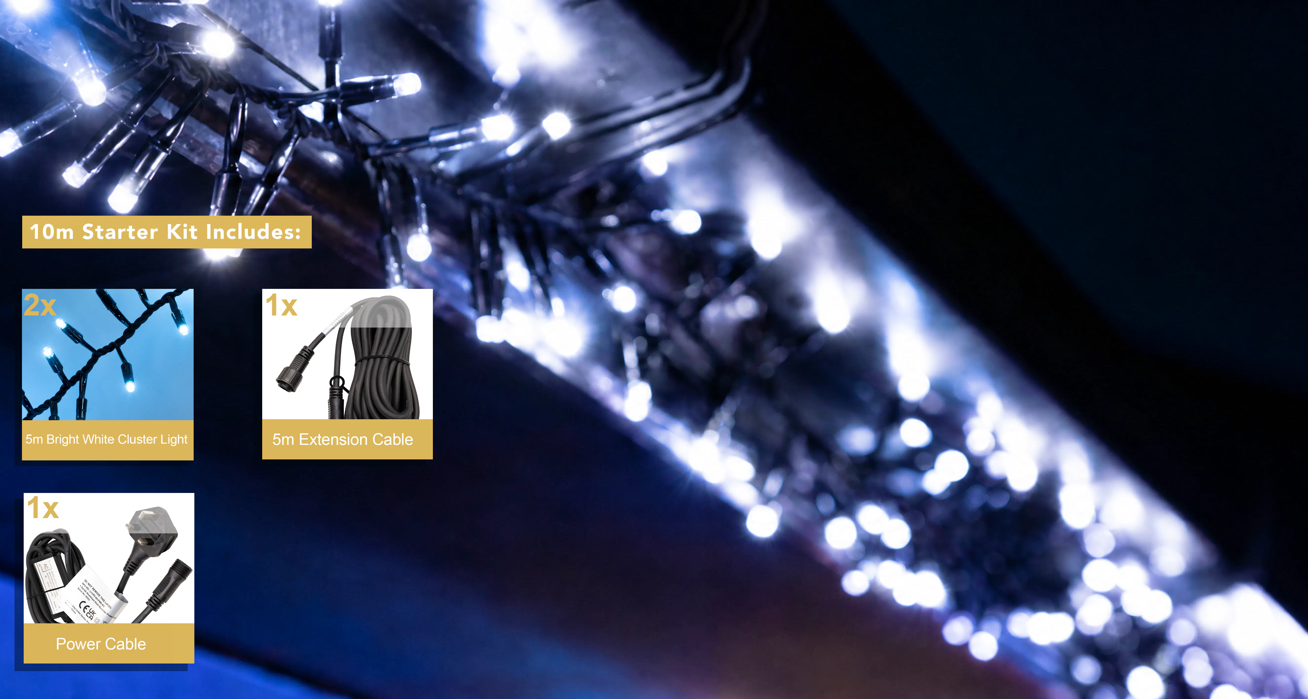 Crownvine 10m Cluster Lights Starter Set - 500 LEDs Bright White - Black Rubber Cable