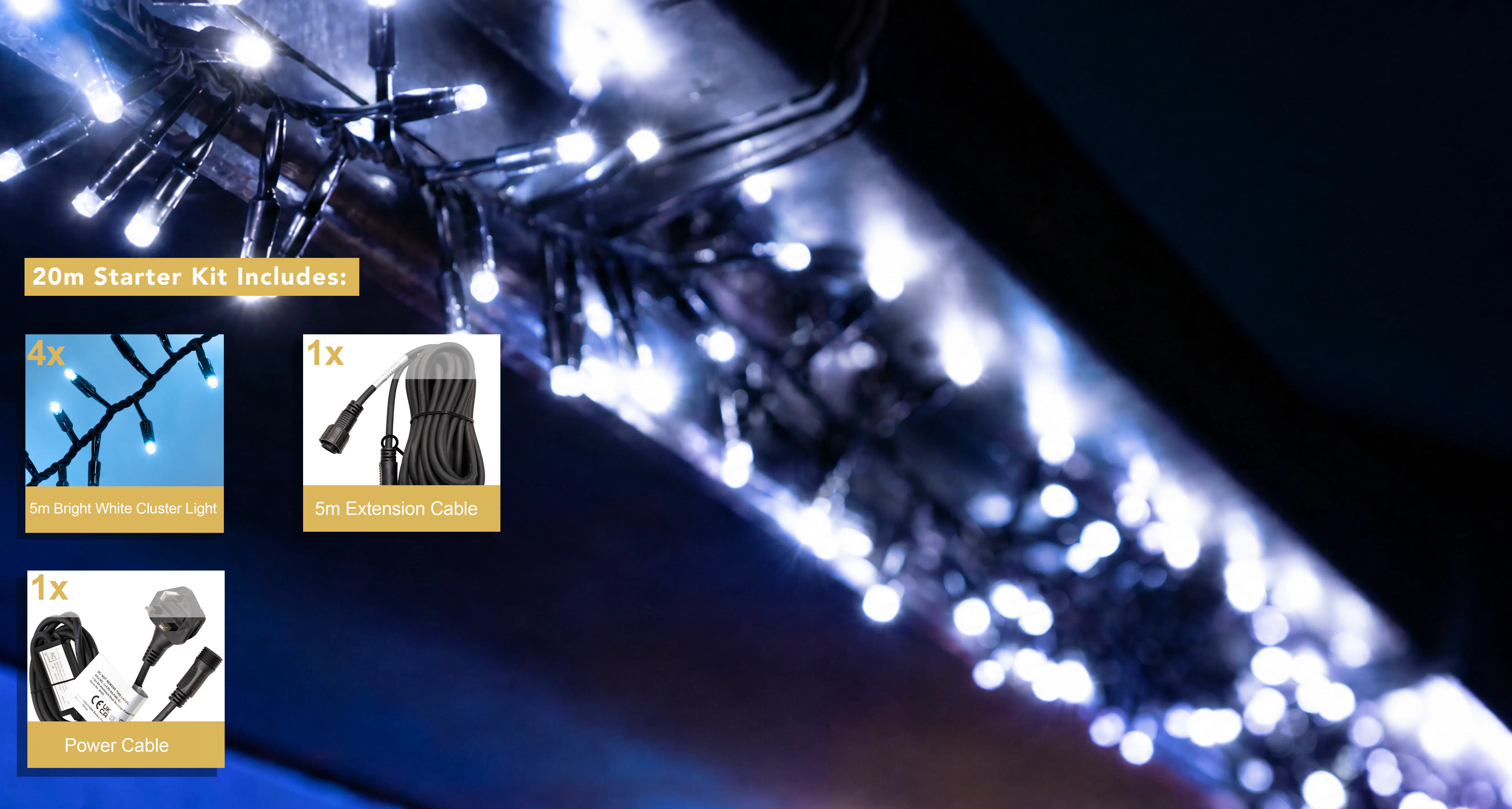 Crownvine 20m Cluster Lights Starter Set - 1000 LEDs Bright White - Black Rubber Cable
