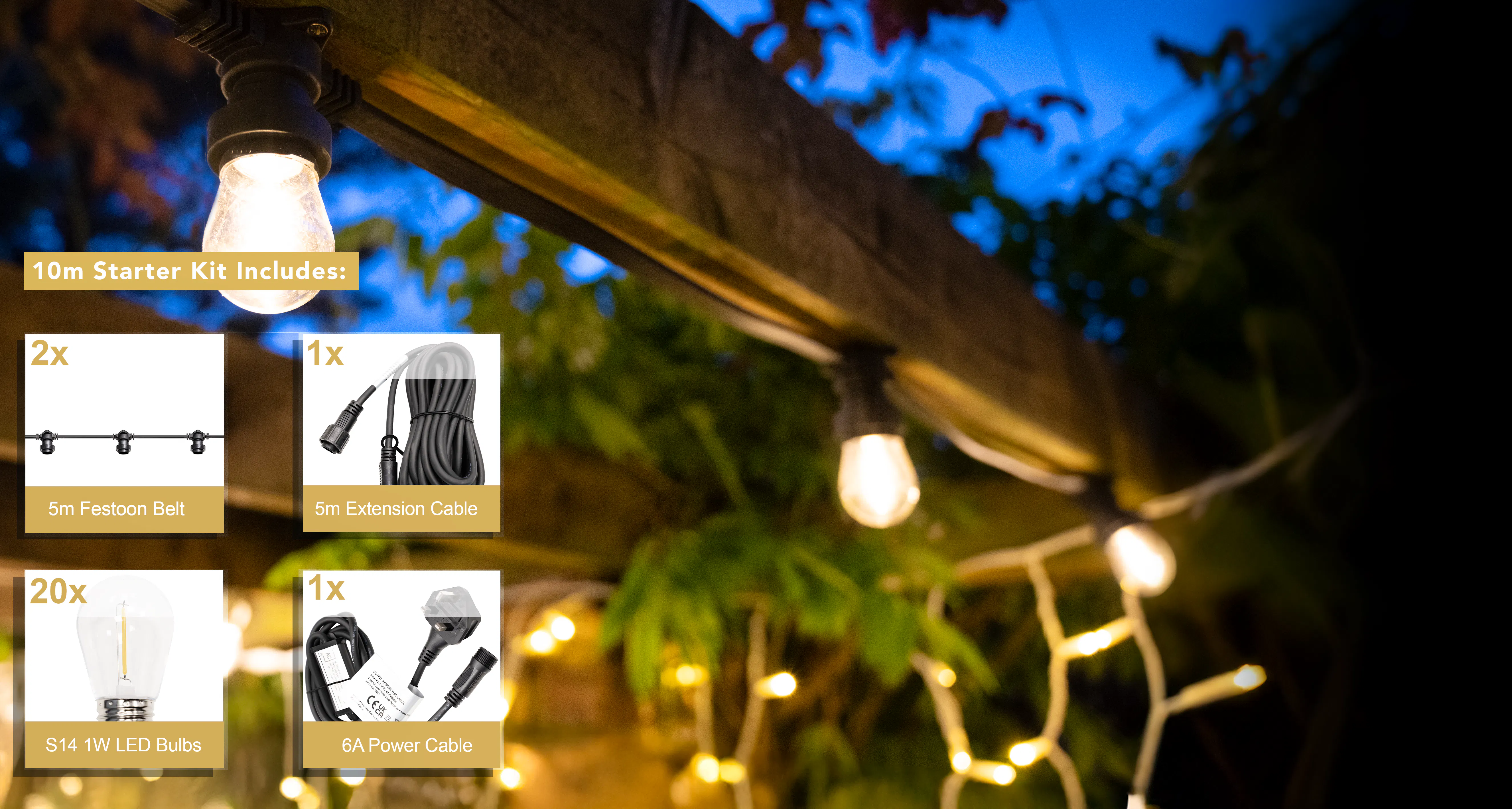 Crownvine 10m Festoon Lights Starter Kit - S14 1W E27 - Black Flat Rubber Cable