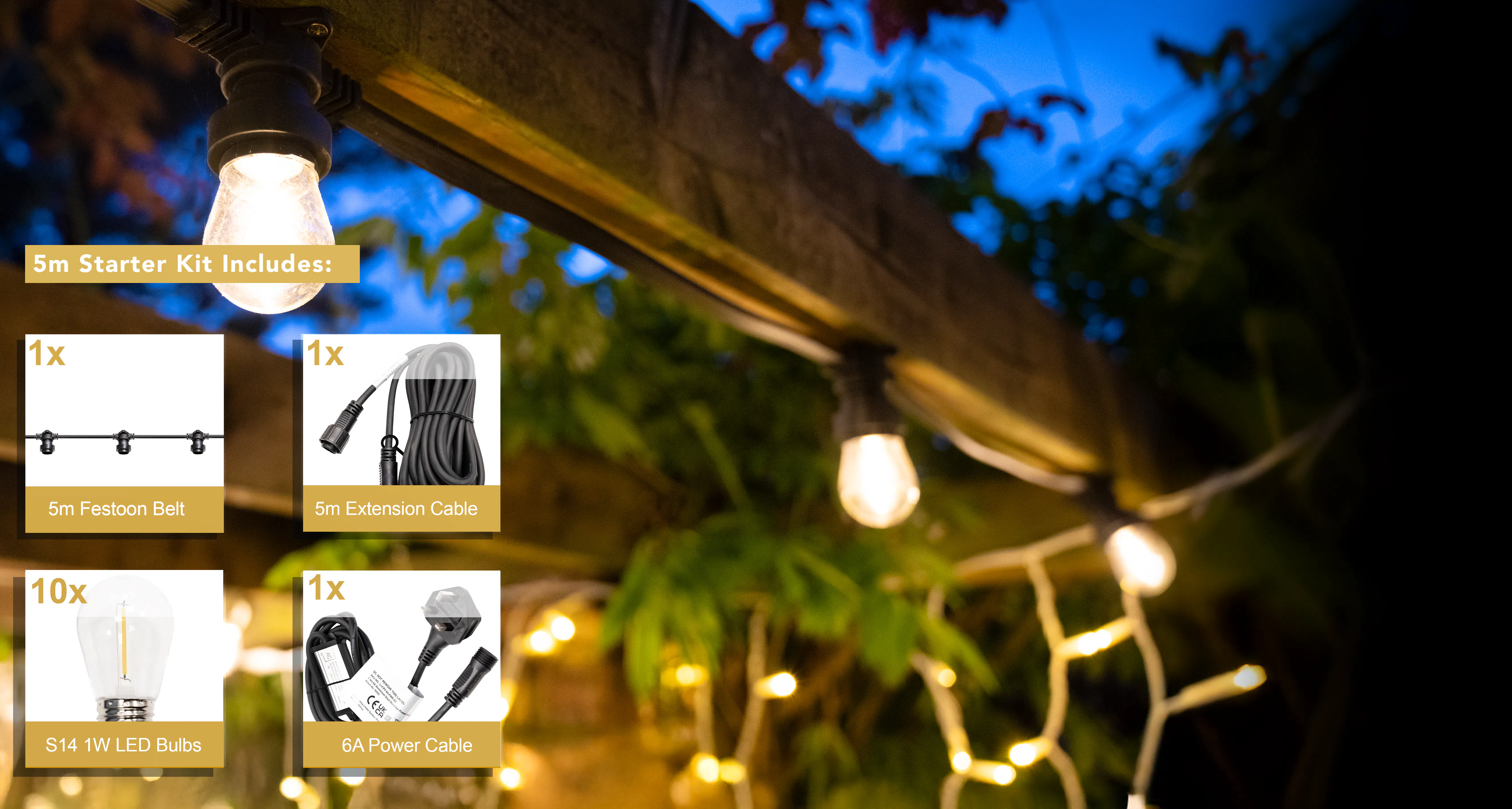 Crownvine 5m Festoon Lights Starter Kit - S14 1W E27 - Black Flat Rubber Cable