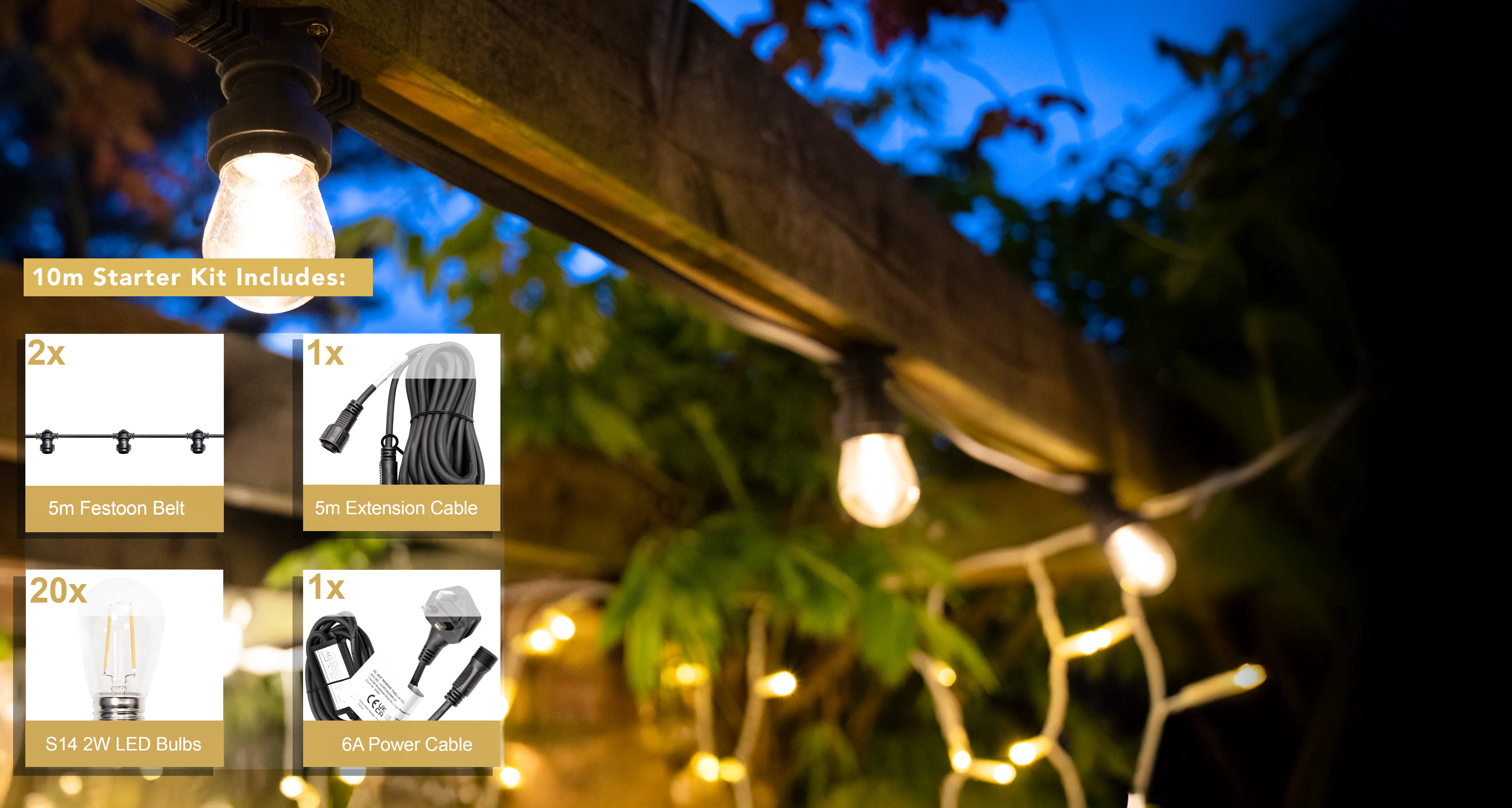 Crownvine 10m Festoon Lights Starter Kit - S14 2W E27 - Black Flat Rubber Cable