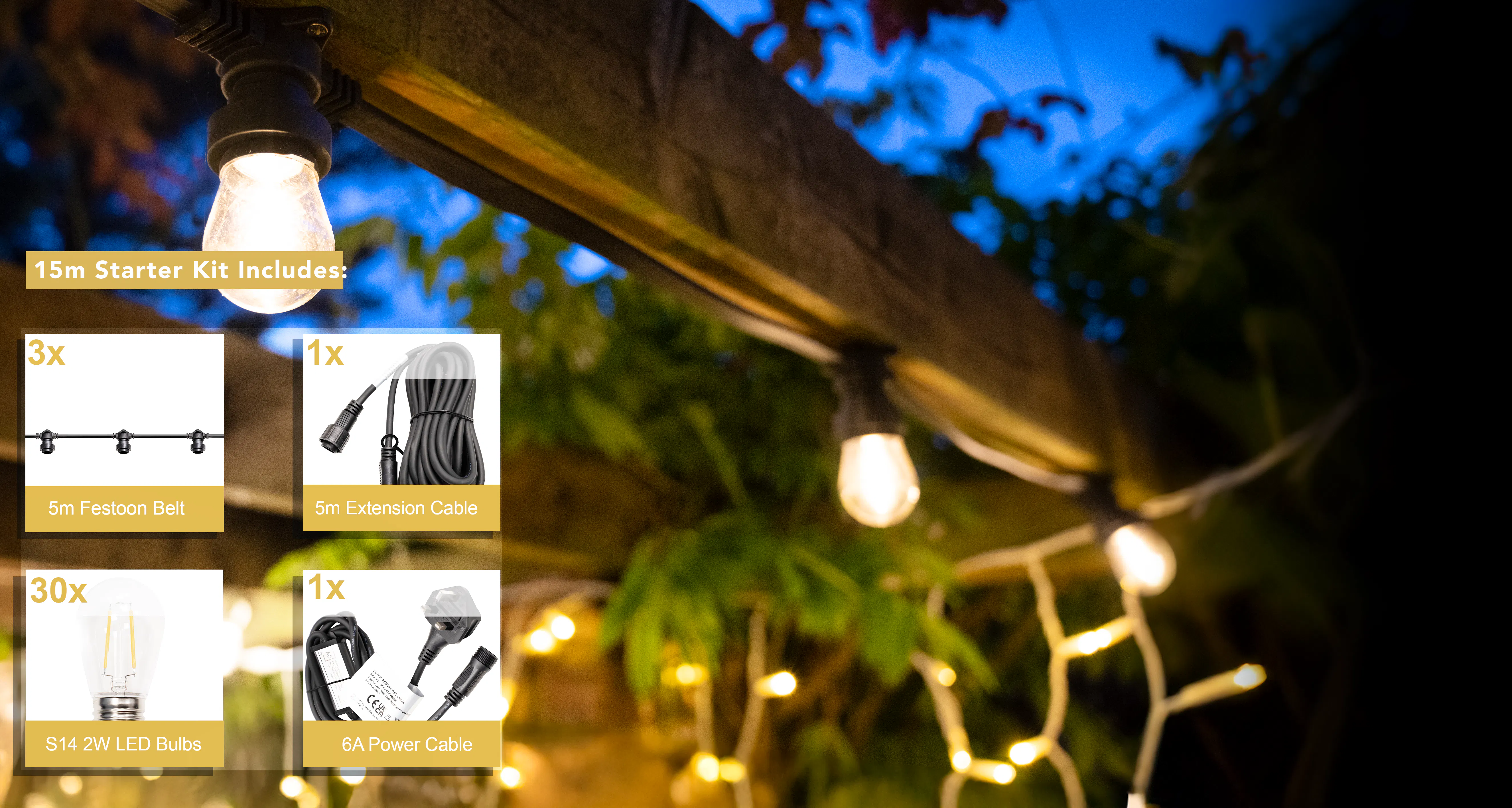 Crownvine 15m Festoon Lights Starter Kit - S14 2W E27 - Black Flat Rubber Cable