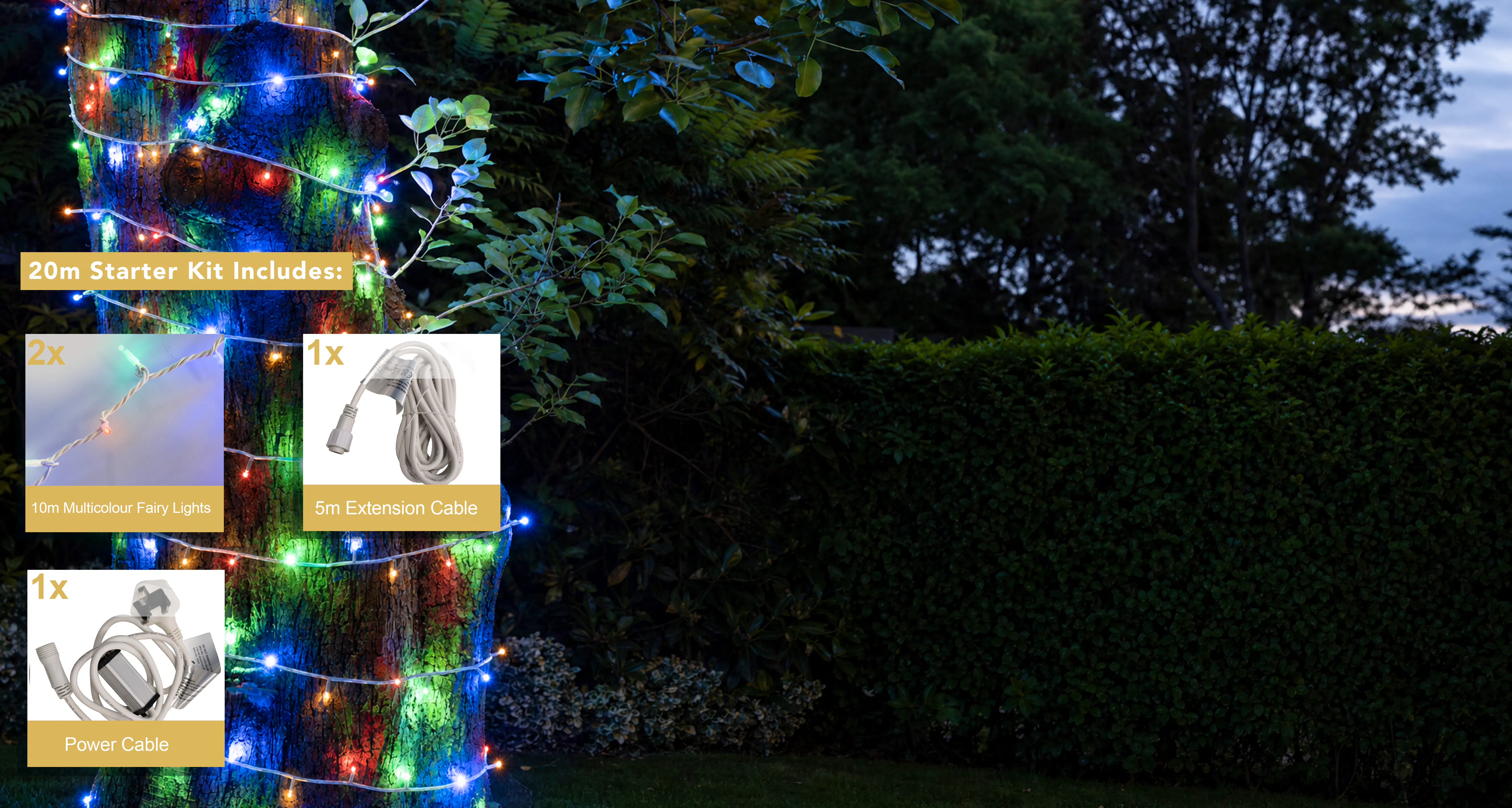 Crownvine 20m Fairy Lights Starter Set - 200 LEDs Multicolour - White Rubber Cable