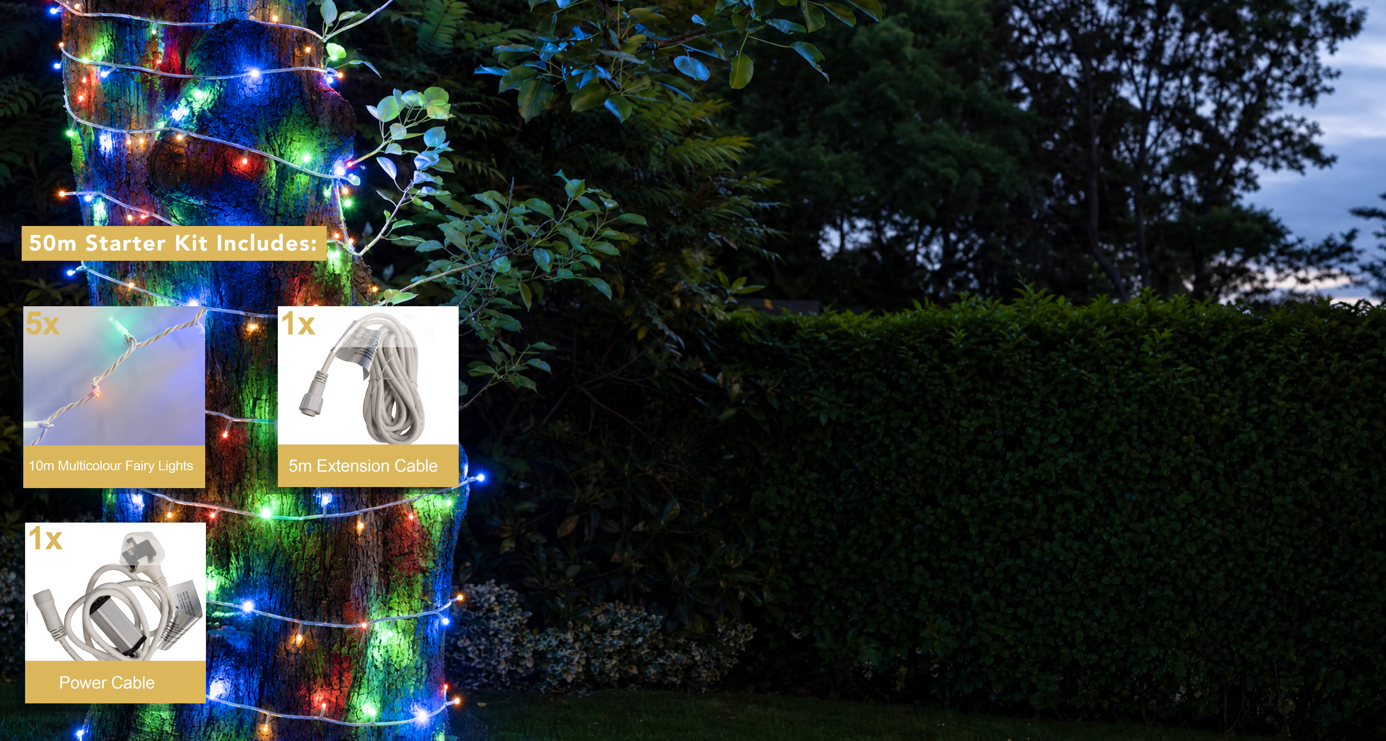 Crownvine 50m Fairy Lights Starter Set - 500 LEDs Multicolour - White Rubber Cable