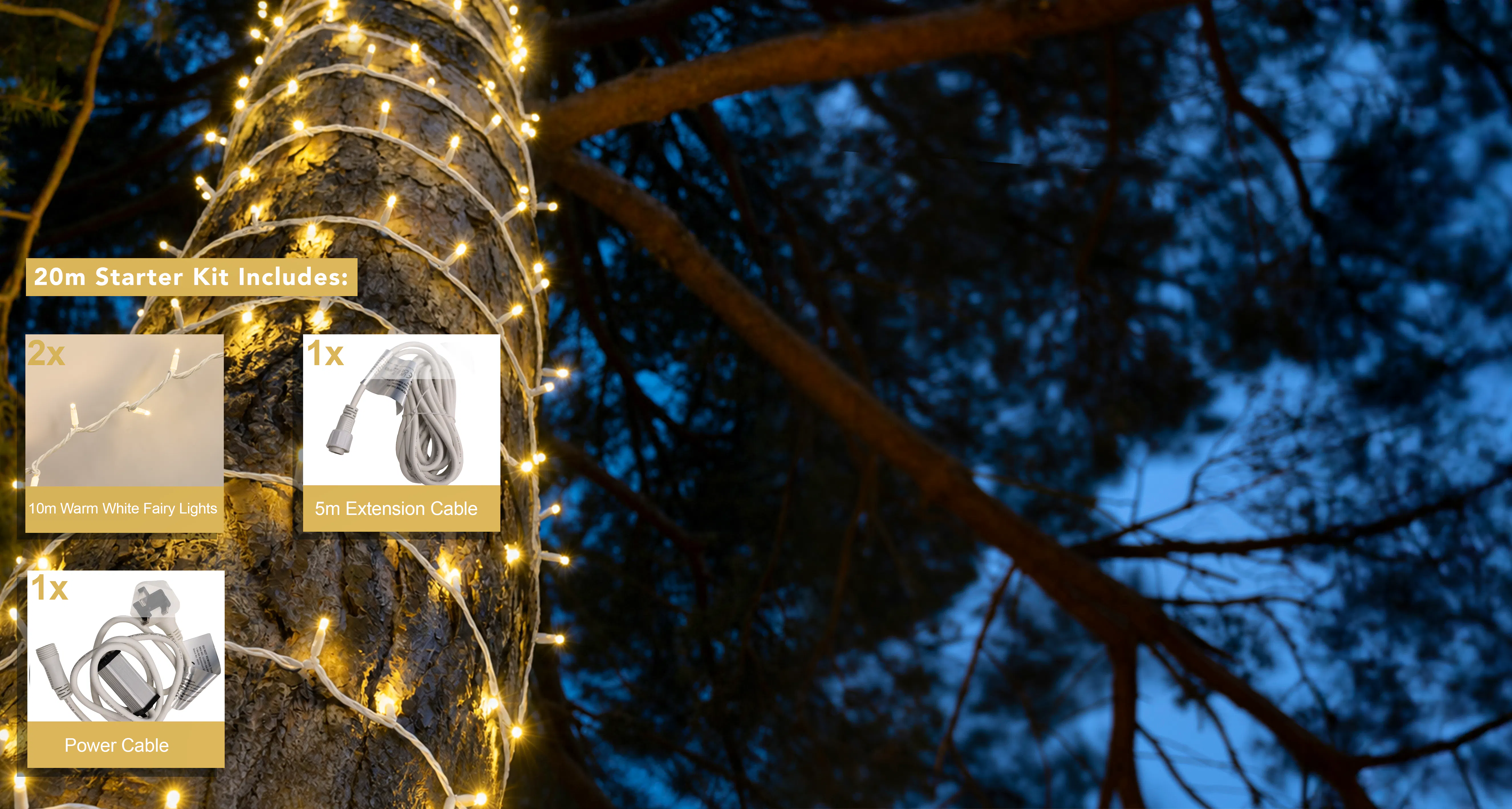 Crownvine 20m Fairy Lights Starter Set - 200 LEDs Warm White - White Rubber Cable