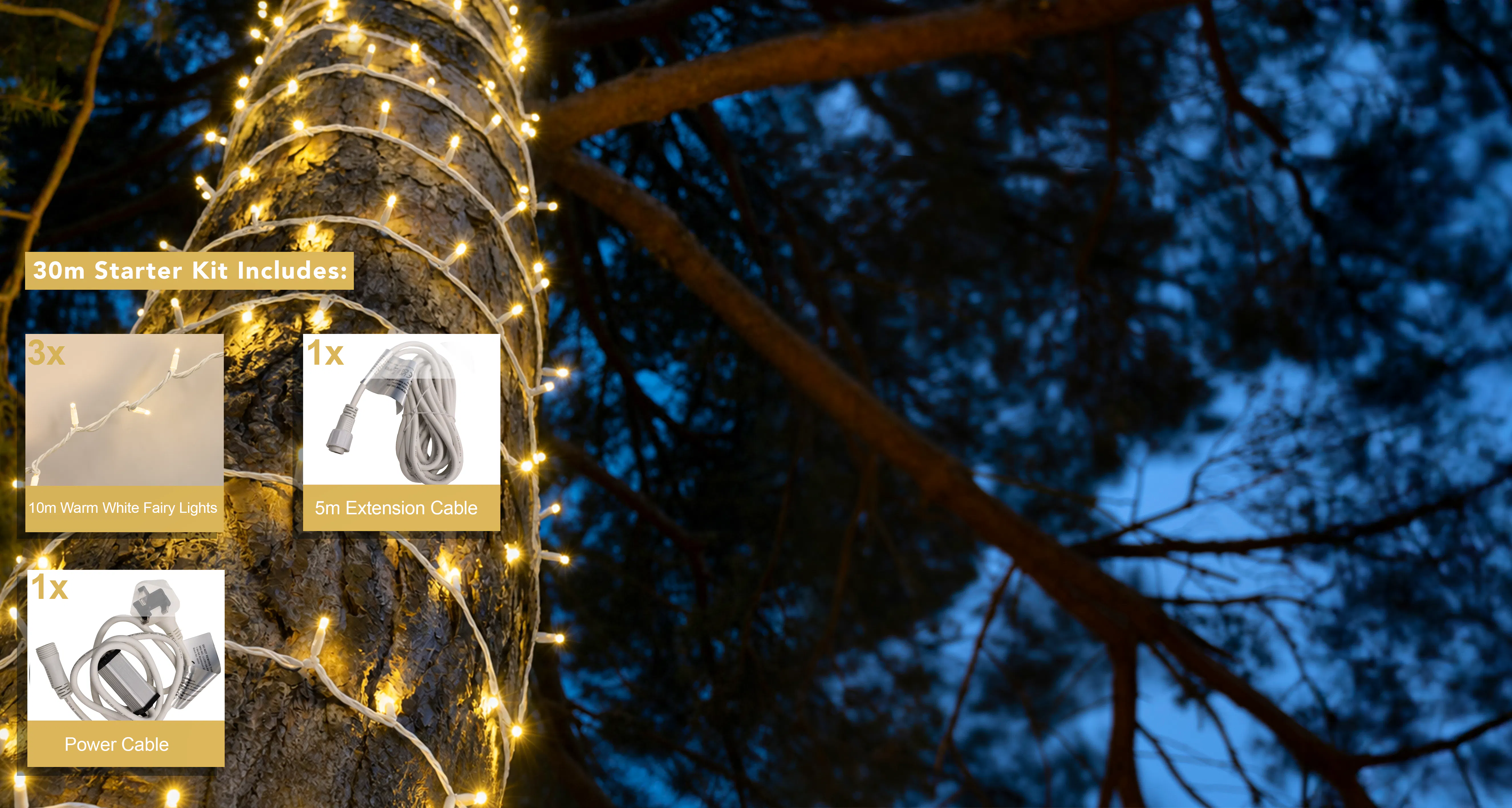 Crownvine 30m Fairy Lights Starter Set - 300 LEDs Warm White - White Rubber Cable