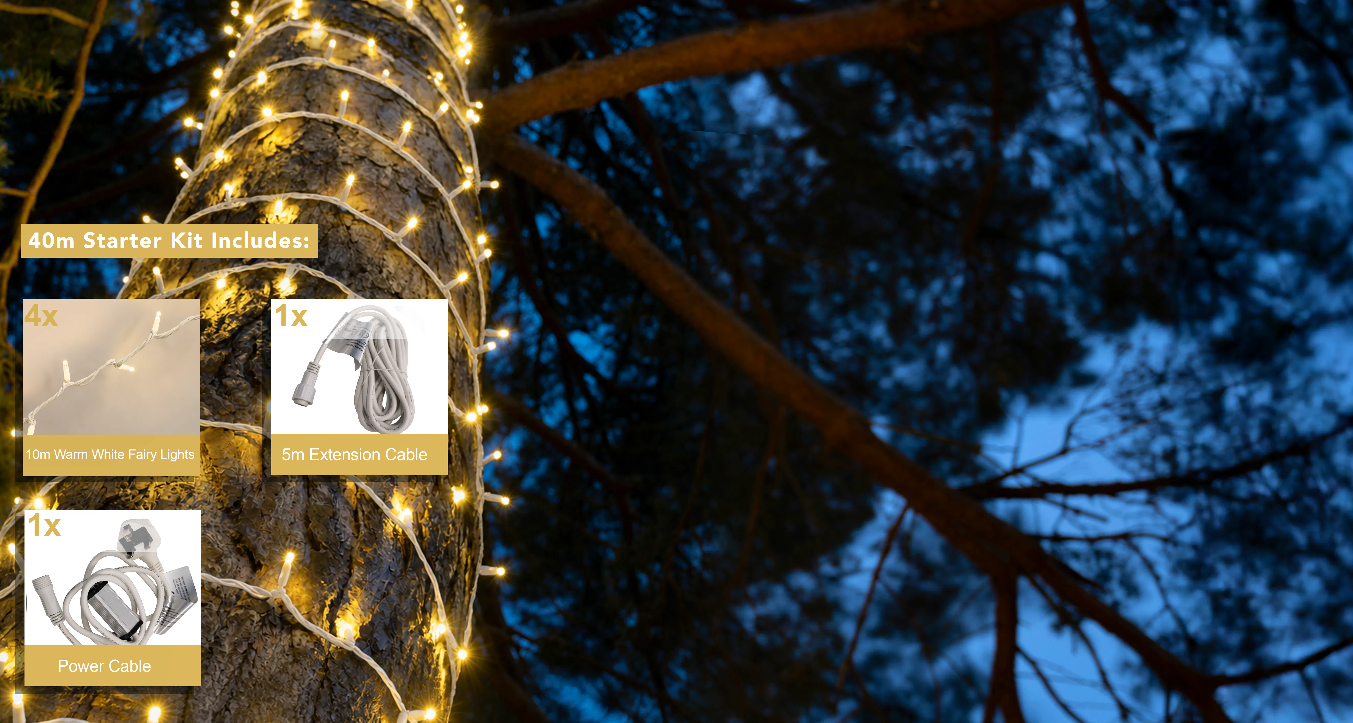 Crownvine 40m Fairy Lights Starter Set - 400 LEDs Warm White - White Rubber Cable