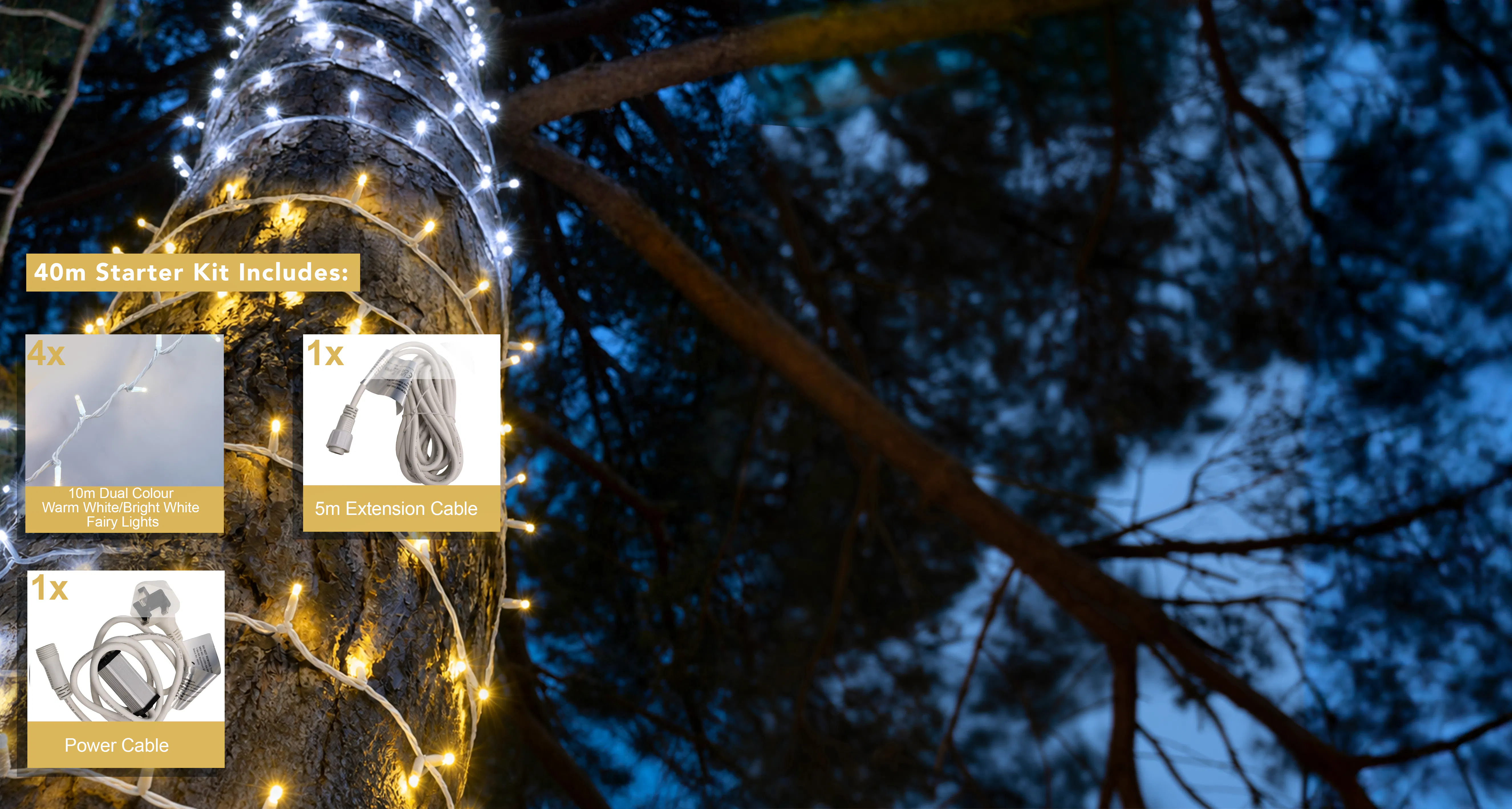 Crownvine 40m Dual Colour Fairy Lights Starter Set - 400 LEDs Warm White / Bright White - White Rubber Cable
