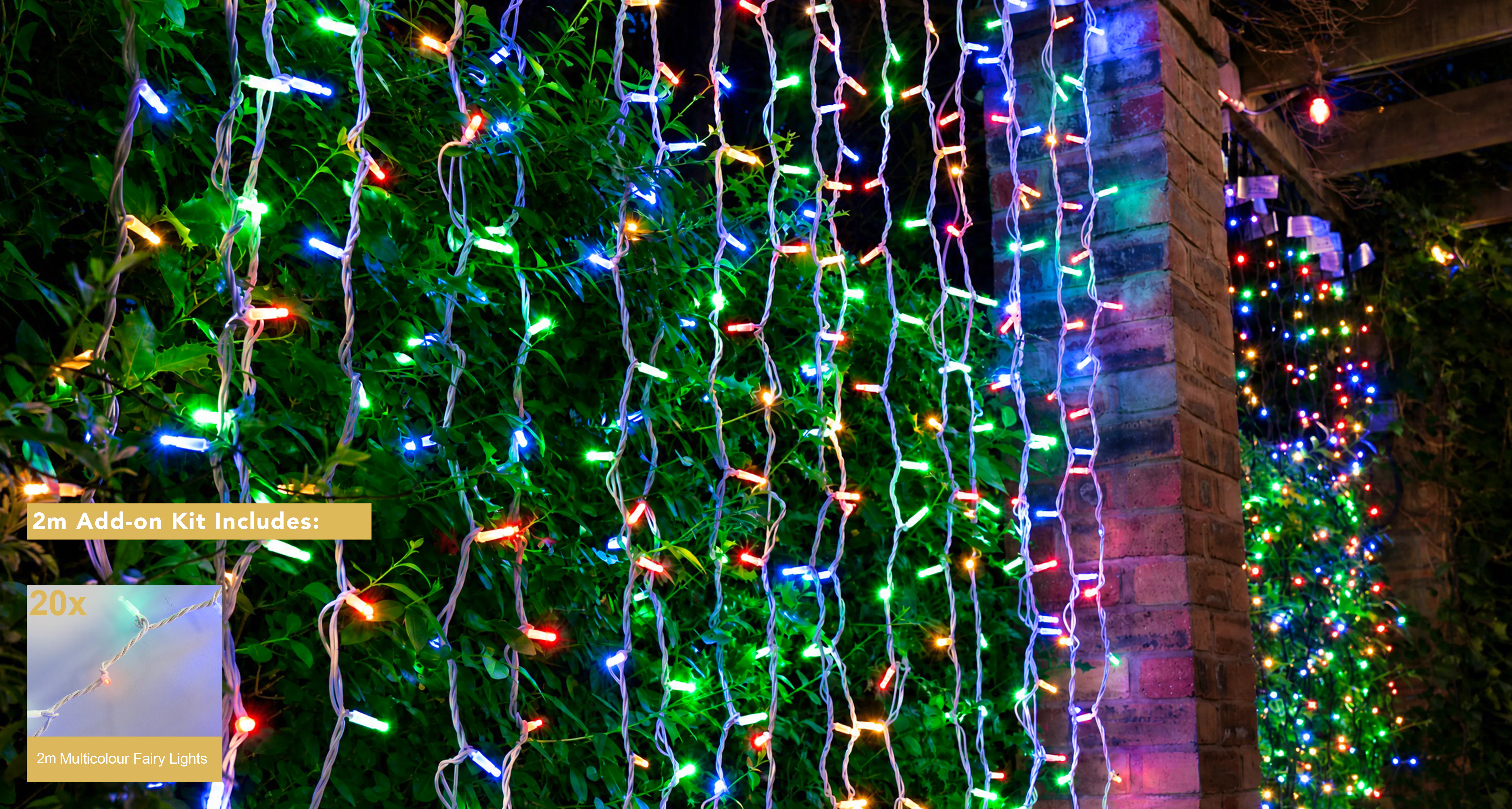 Crownvine 2 Pack 20 LED Multicolour Curtain Lights 2m - White Rubber Cable (For Crownvine 230V Connectable Lights)