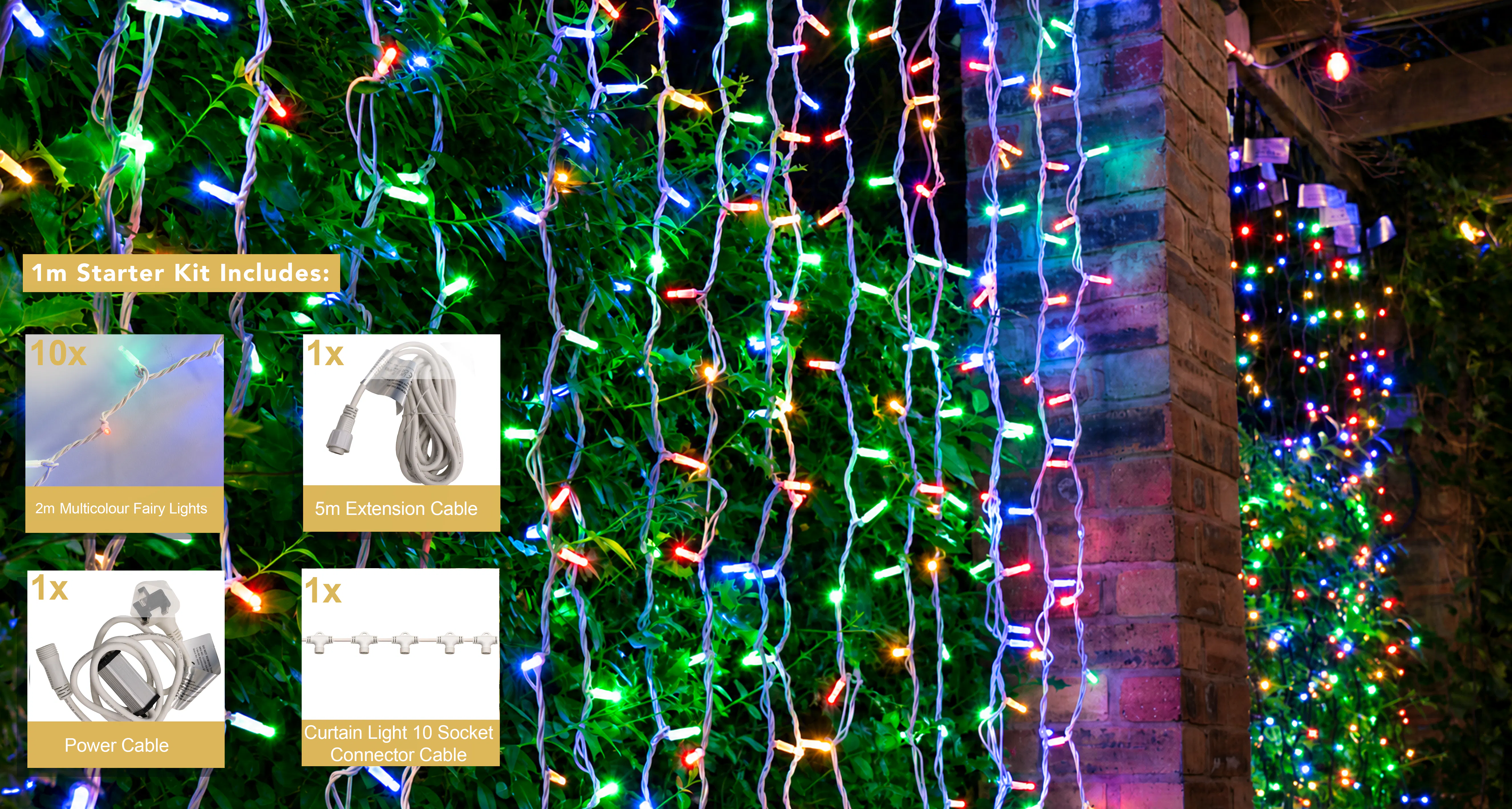 Crownvine 1m x 2m Curtain Lights Starter Set - 200 LEDs Multicolour - White Rubber Cable