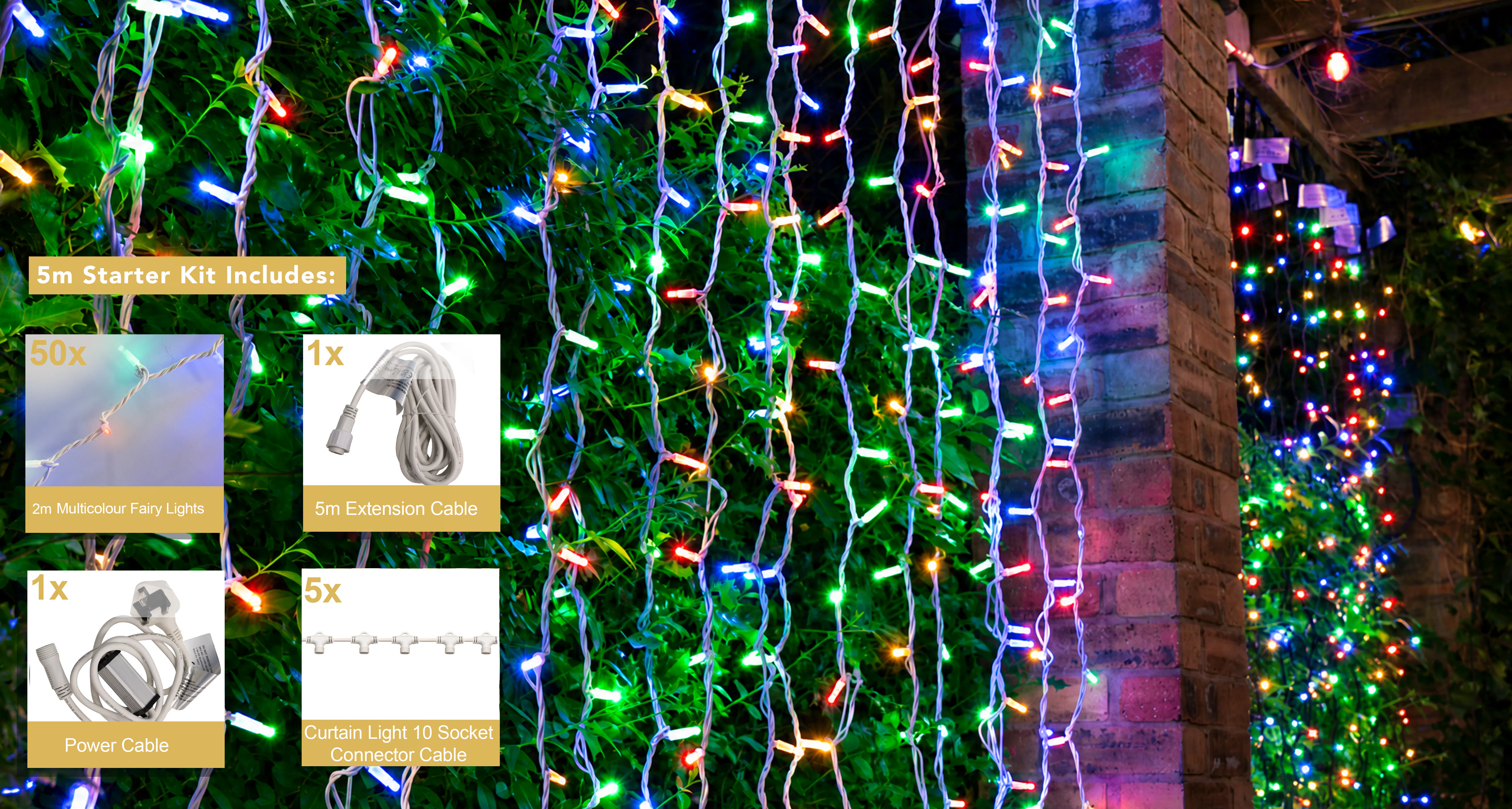 Crownvine 5m x 2m Curtain Lights Starter Set - 1000 LEDs Multicolour - White Rubber Cable