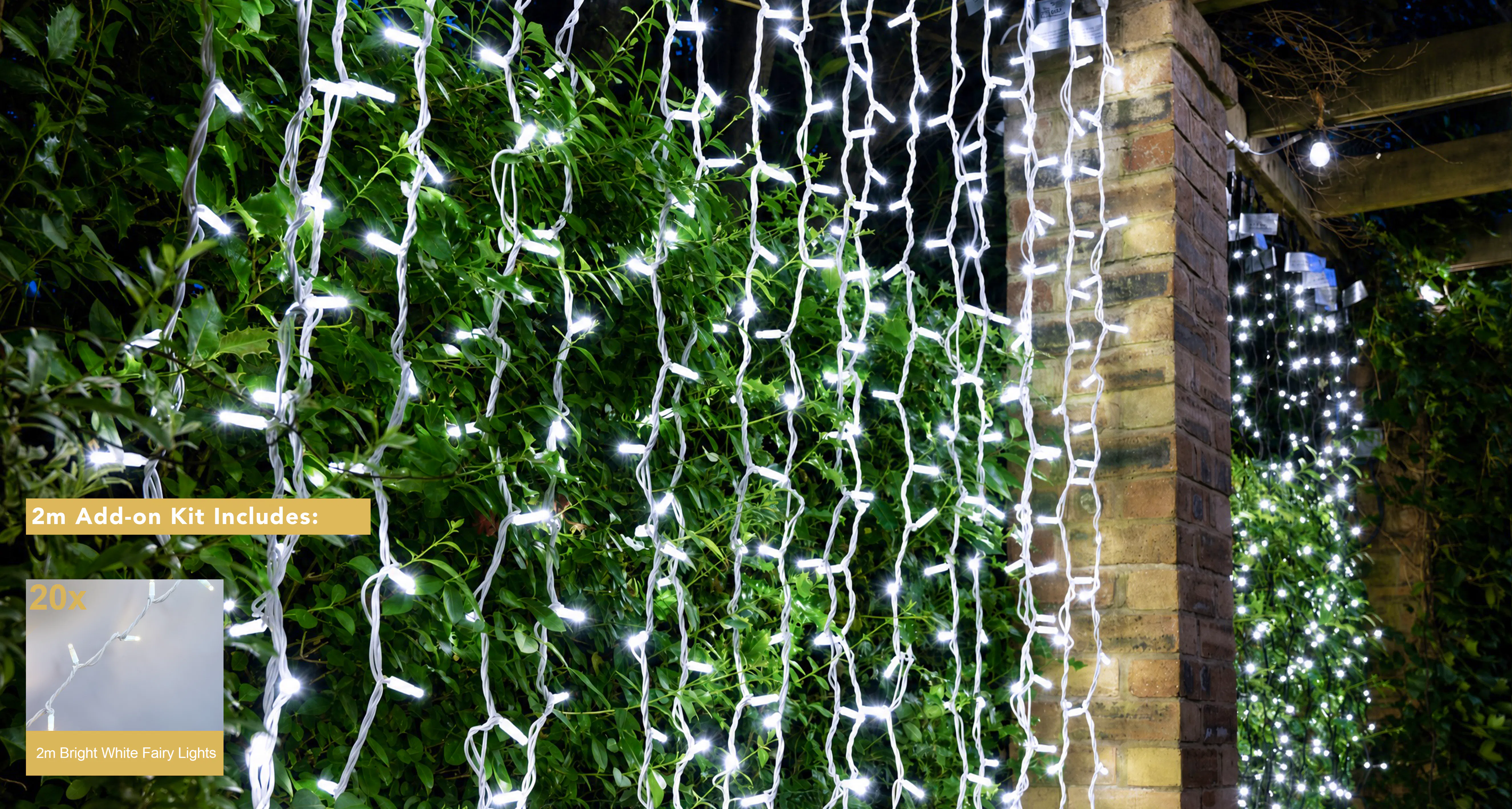 Crownvine 2 Pack 20 LED Bright White Curtain Lights 2m - White Rubber Cable (For Crownvine 230V Connectable Lights)