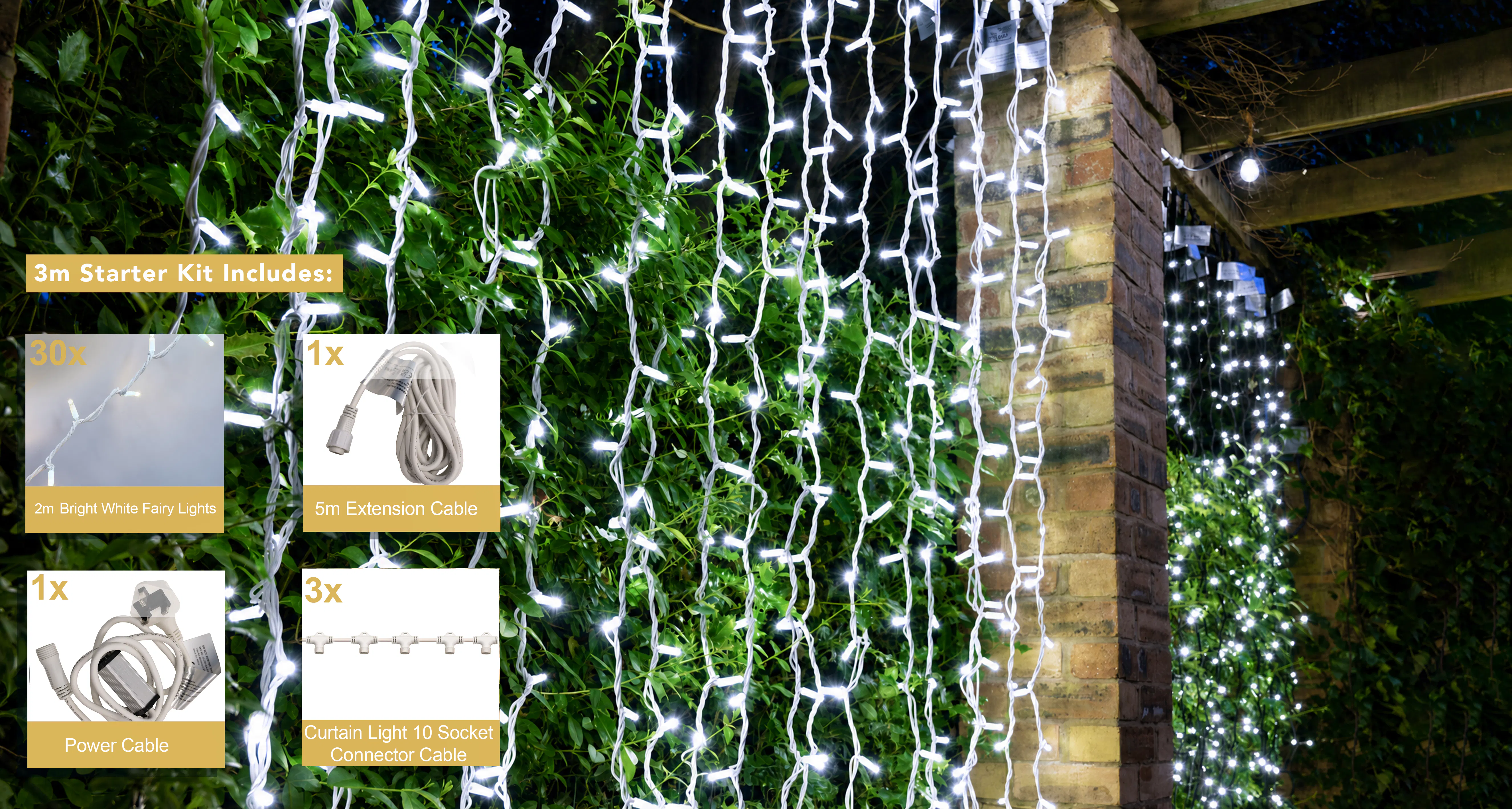 Crownvine 3m x 2m Curtain Lights Starter Set - 600 LEDs Bright White - White Rubber Cable