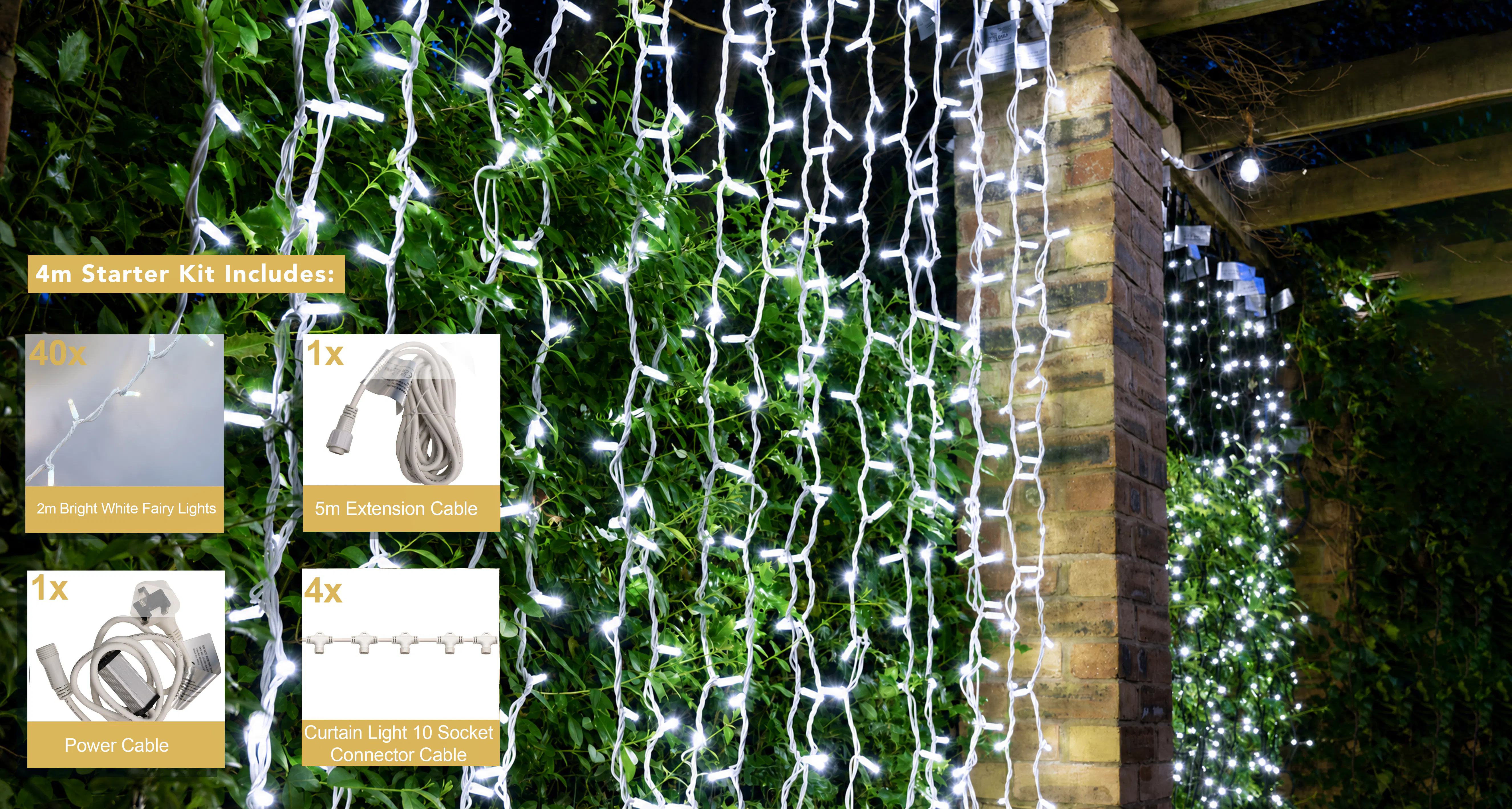 Crownvine 4m x 2m Curtain Lights Starter Set - 800 LEDs Bright White - White Rubber Cable
