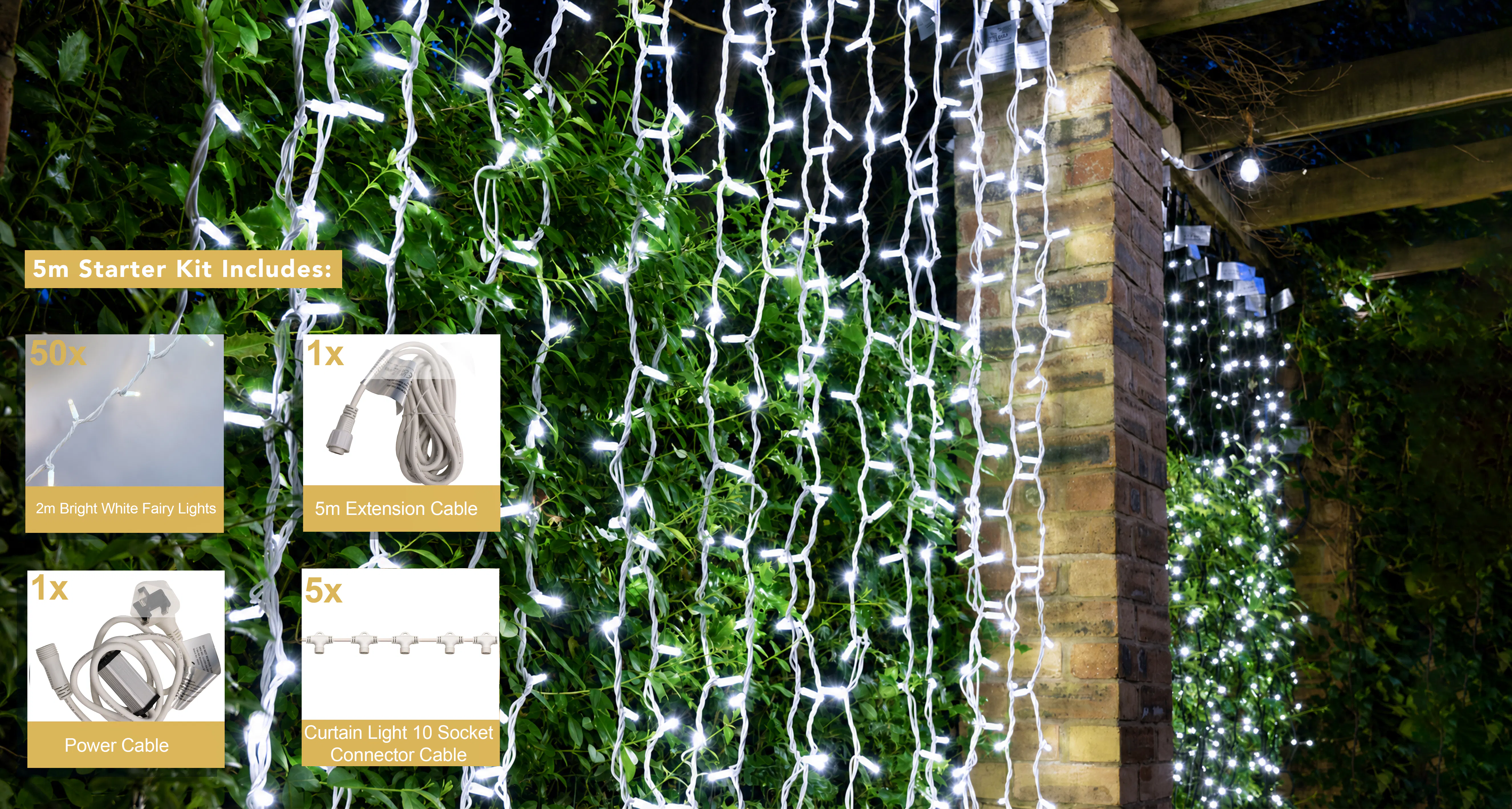 Crownvine 5m x 2m Curtain Lights Starter Set - 1000 LEDs Bright White - White Rubber Cable