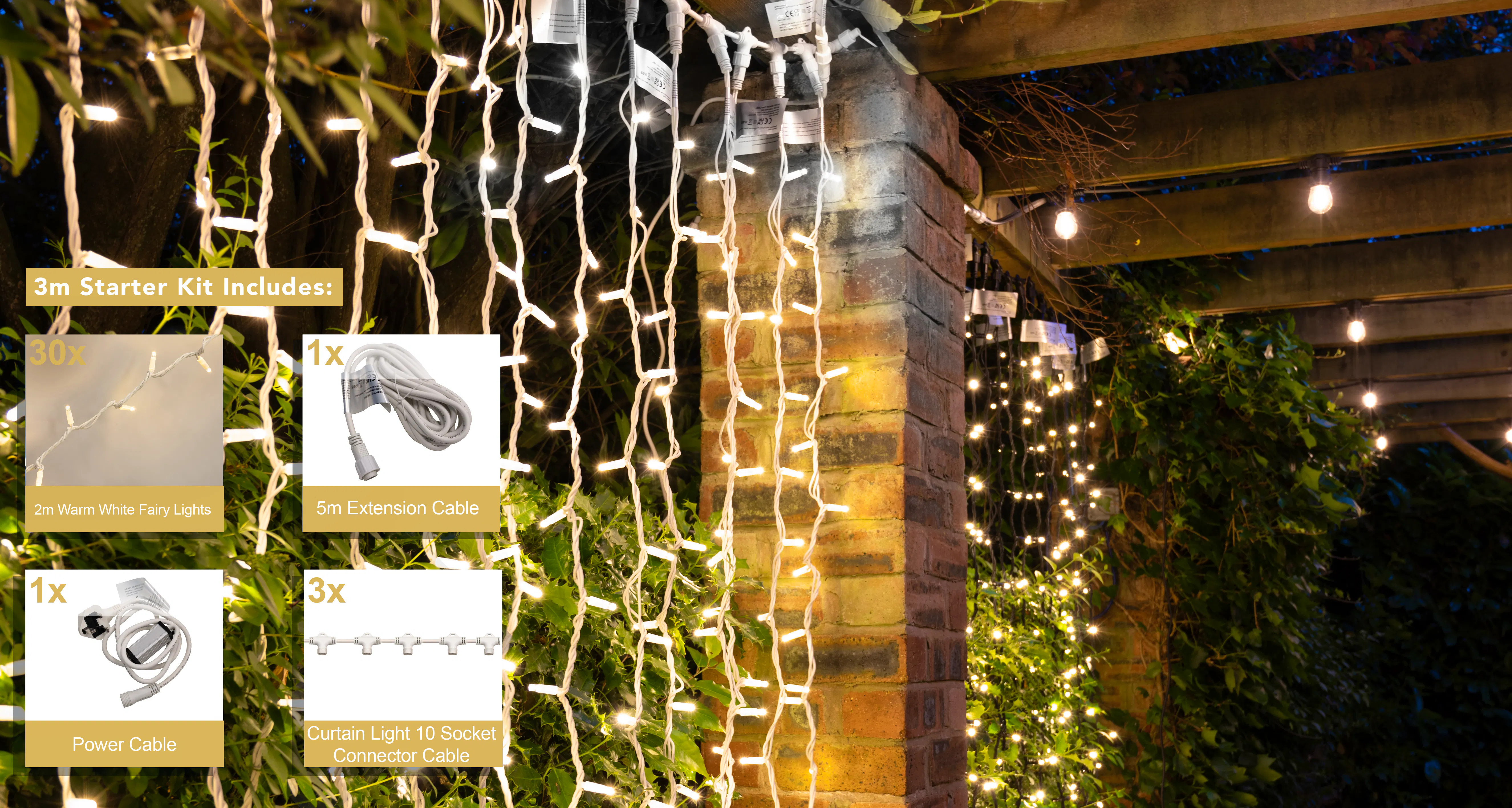 Crownvine 3m x 2m Curtain Lights Starter Set - 600 LEDs Warm White - White Rubber Cable