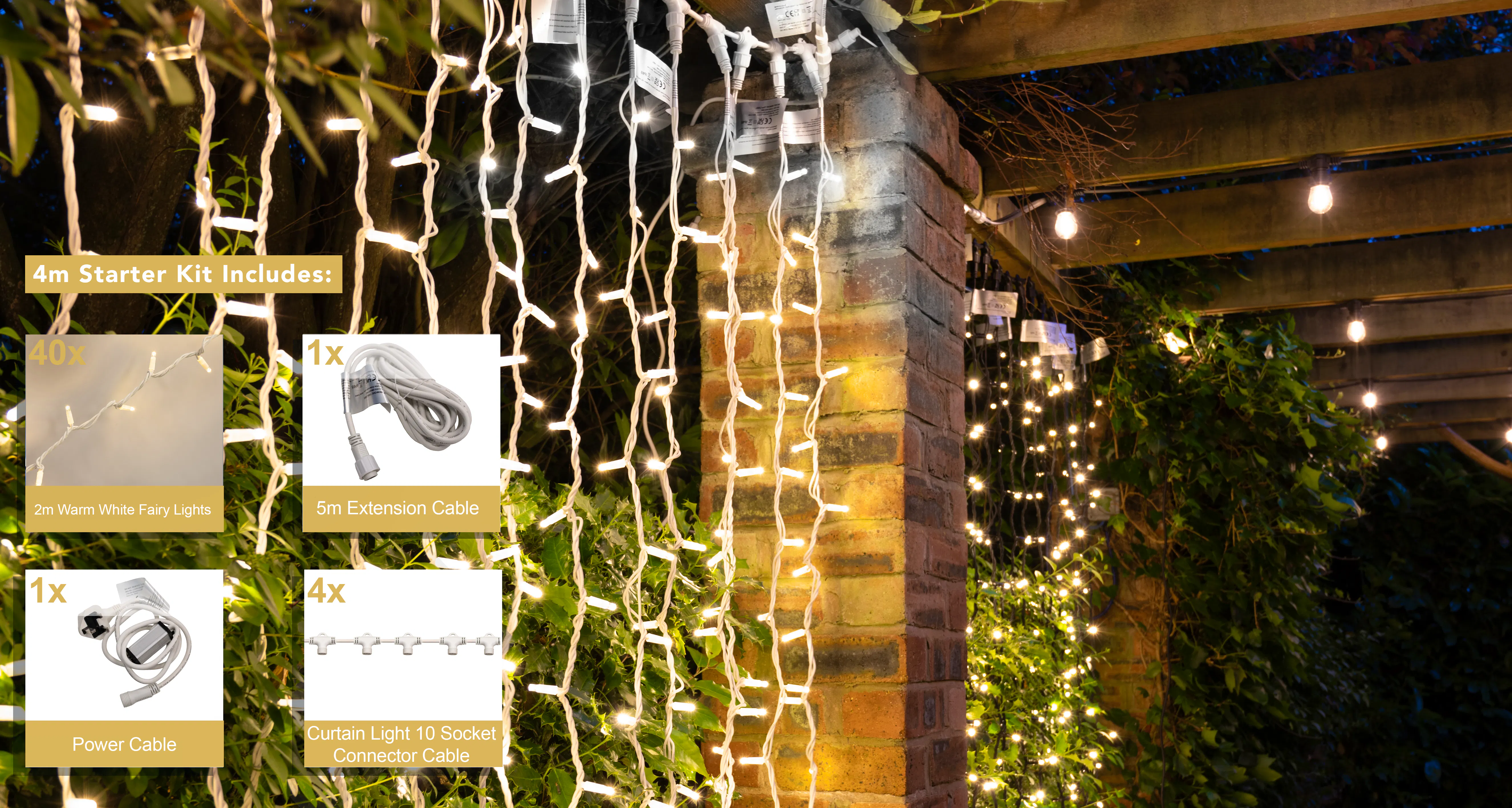 Crownvine 4m x 2m Curtain Lights Starter Set - 800 LEDs Warm White - White Rubber Cable