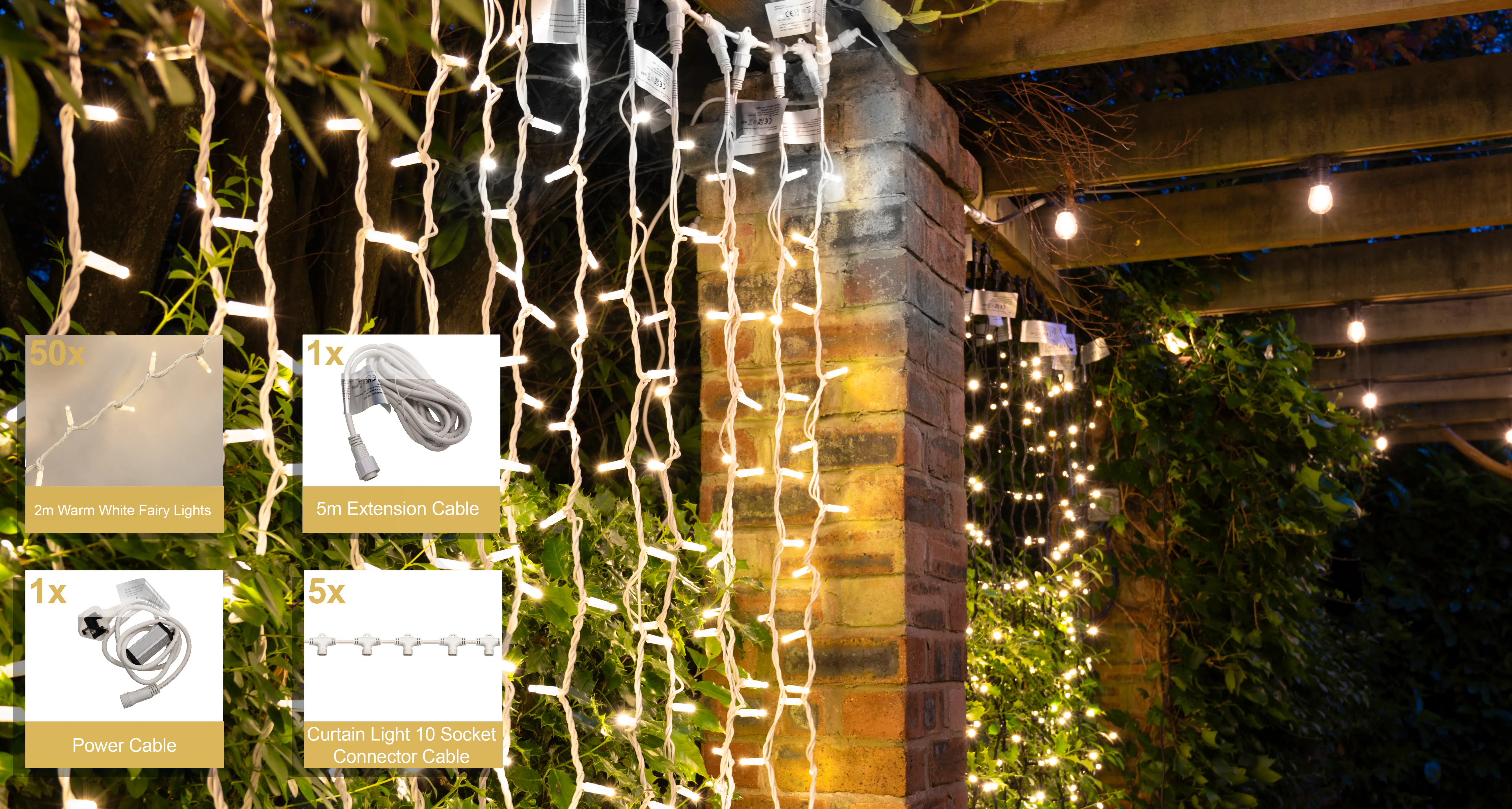 Crownvine 5m x 2m Curtain Lights Starter Set - 1000 LEDs Warm White - White Rubber Cable