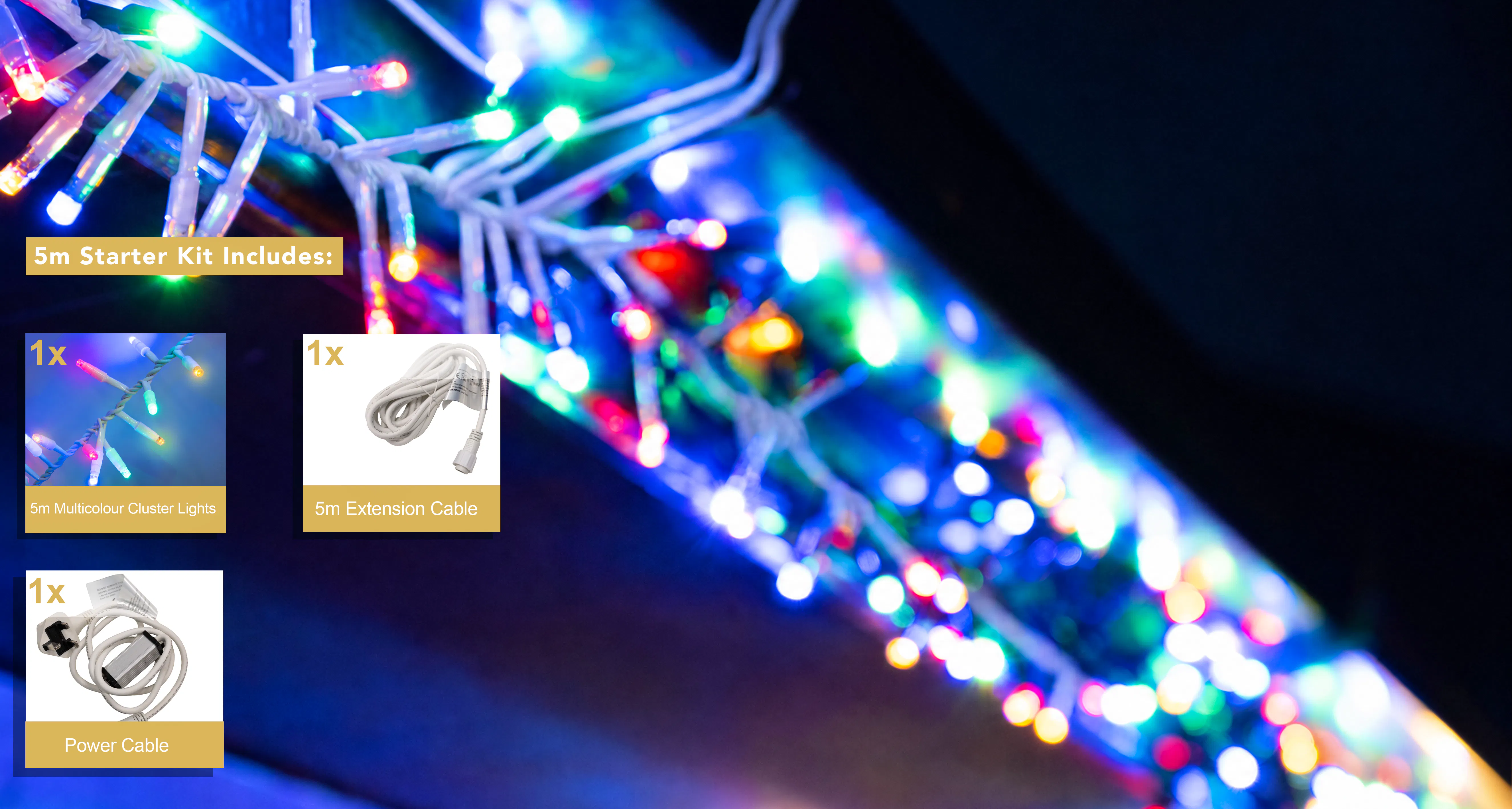 Crownvine 5m Cluster Lights Starter Set - 250 LEDs Multicolour - White Rubber Cable