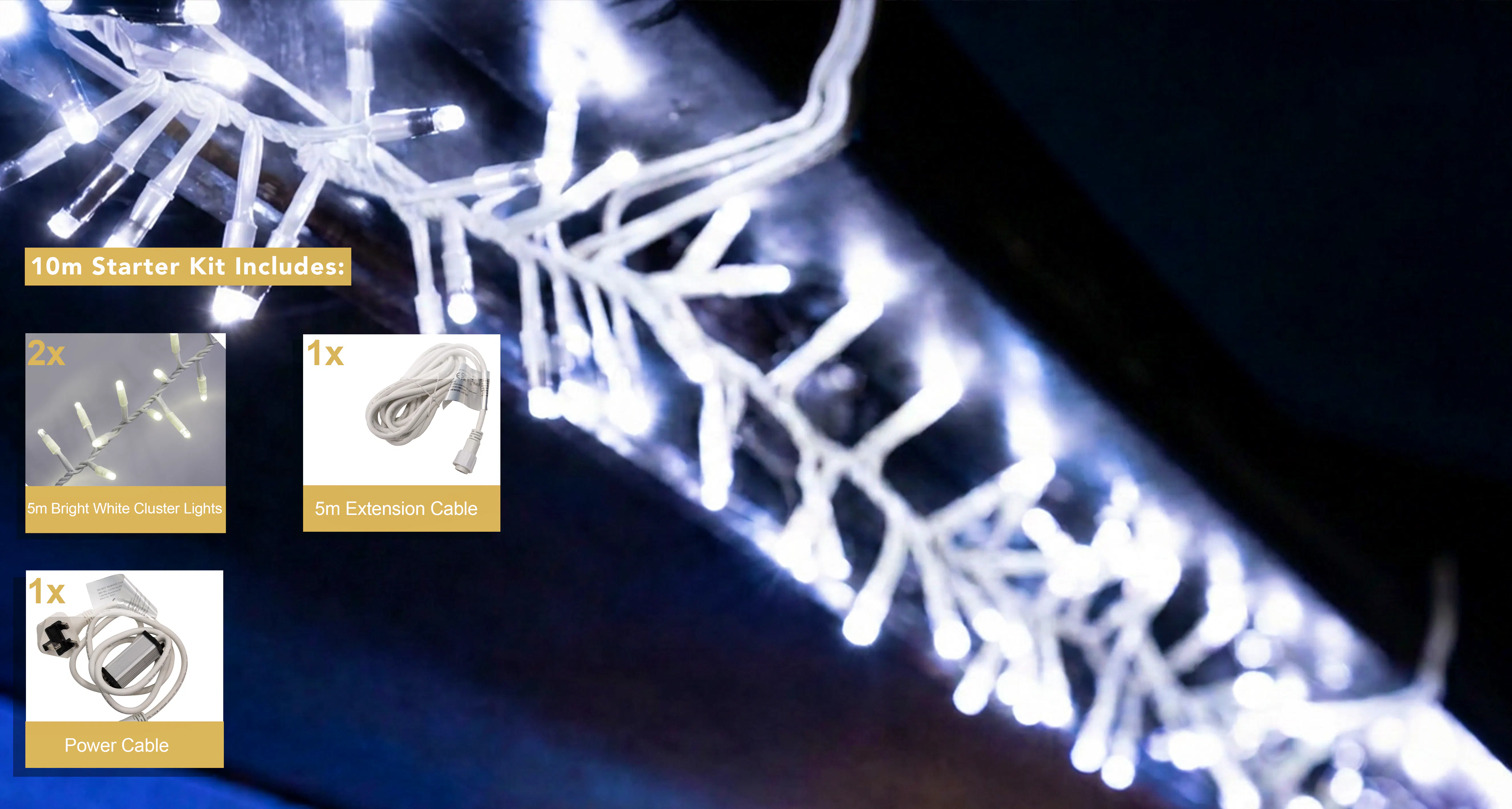 Crownvine 10m Cluster Lights Starter Set - 500 LEDs Bright White - White Rubber Cable
