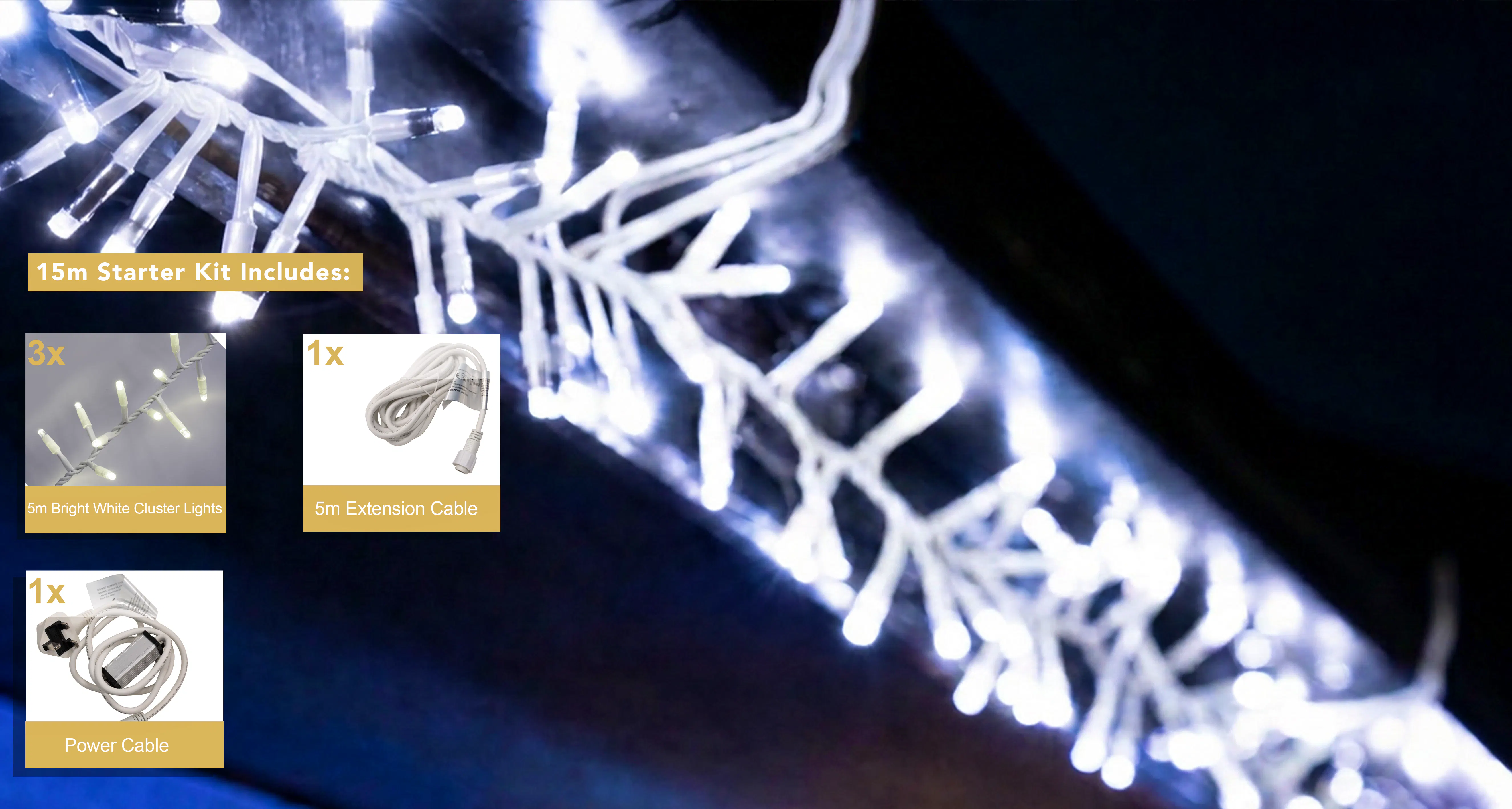 Crownvine 15m Cluster Lights Starter Set - 750 LEDs Bright White - White Rubber Cable