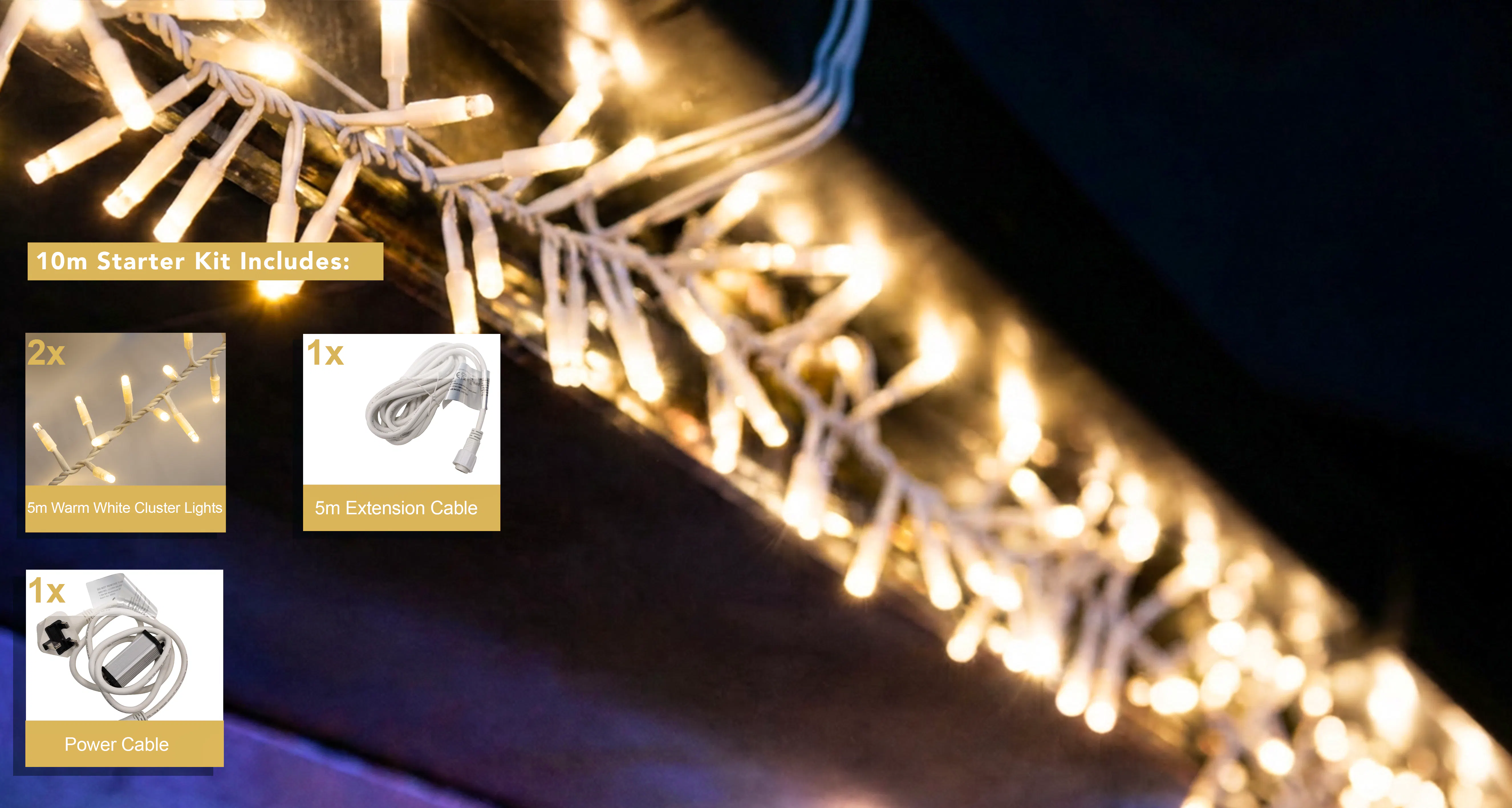 Crownvine 10m Cluster Lights Starter Set - 500 LEDs Warm White - White Rubber Cable