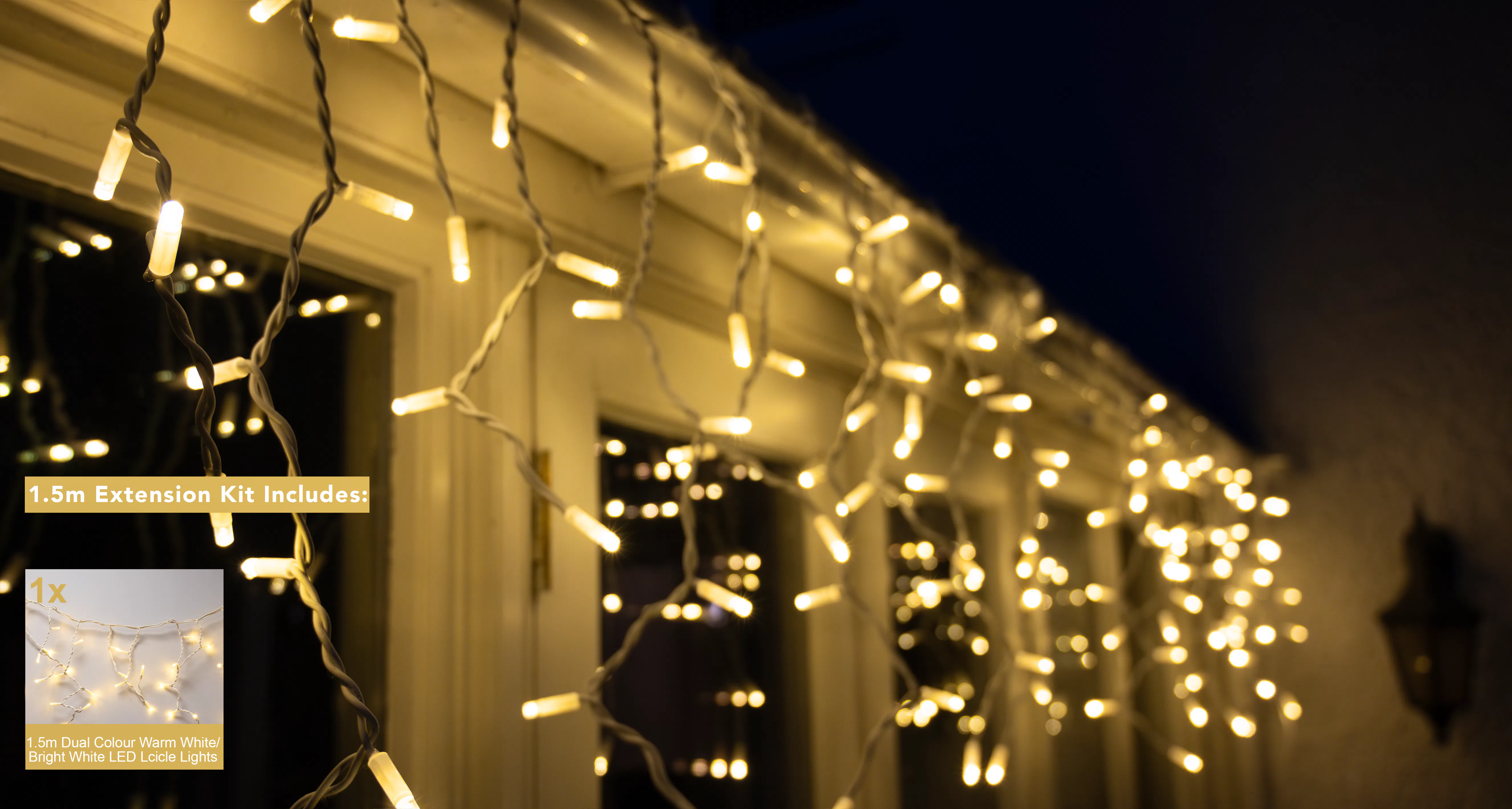 Crownvine 60 LED Dual Colour Warm White / Bright White Icicle Lights 1.5m - White Rubber Cable (For Crownvine 230V Connectable Lights)